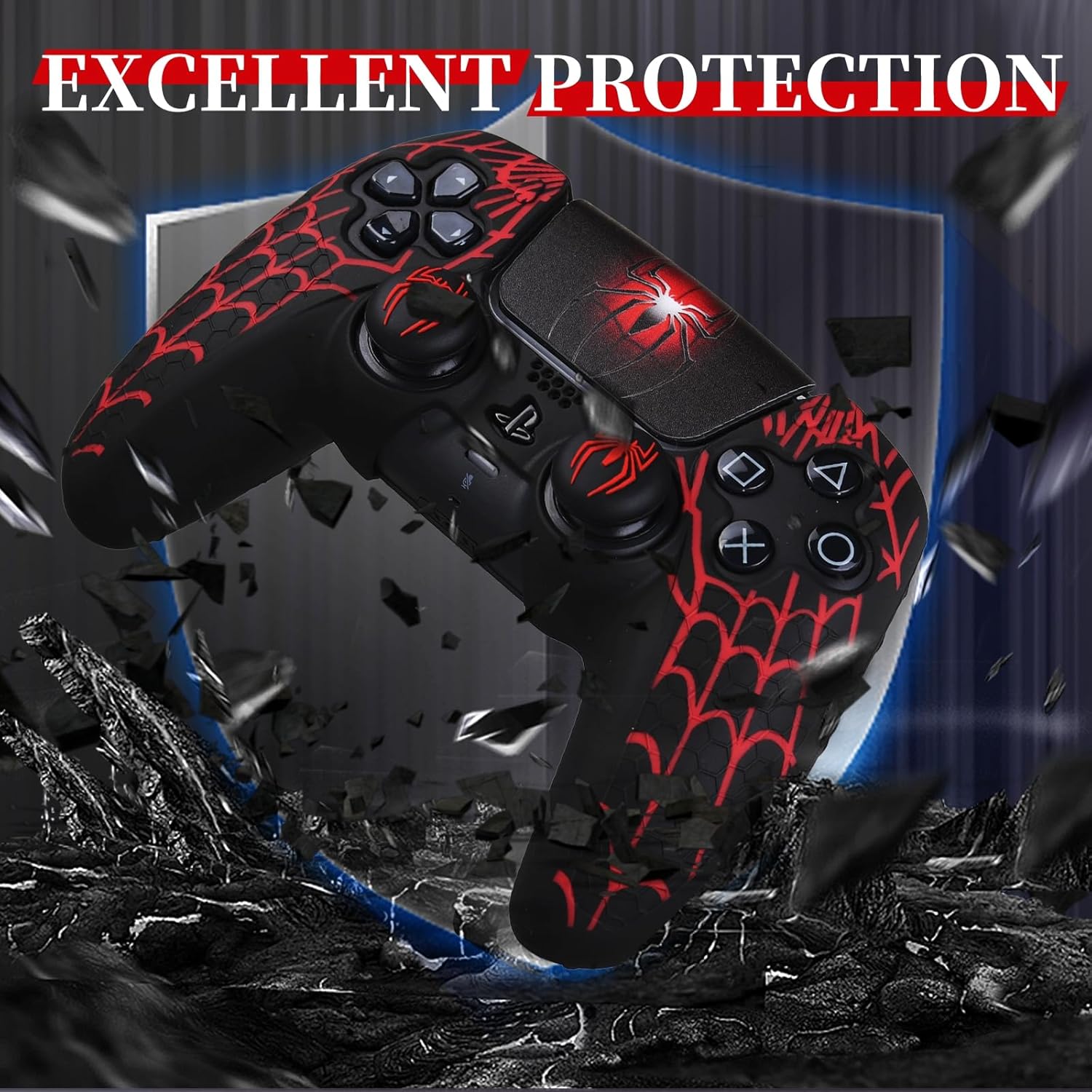 Non-Slip Silicone Cover for PS5 Controller with Thumbstick Caps x 2 & Sticker x 1(Spider Web) - Image 5