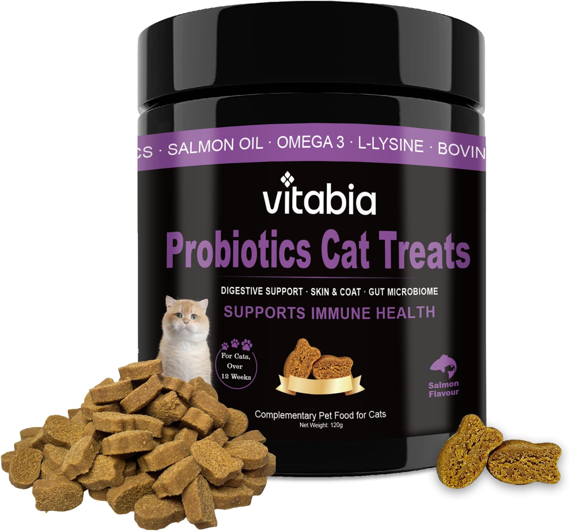 Probiotics for Cats with Lysine, Omega 3 Fish Oil & Vitamins | Cat Treats for Itchy Skin, Allergies and Flea Treatment | Digestive Health & Immune Support | Cat Food Supplements (80 Count)