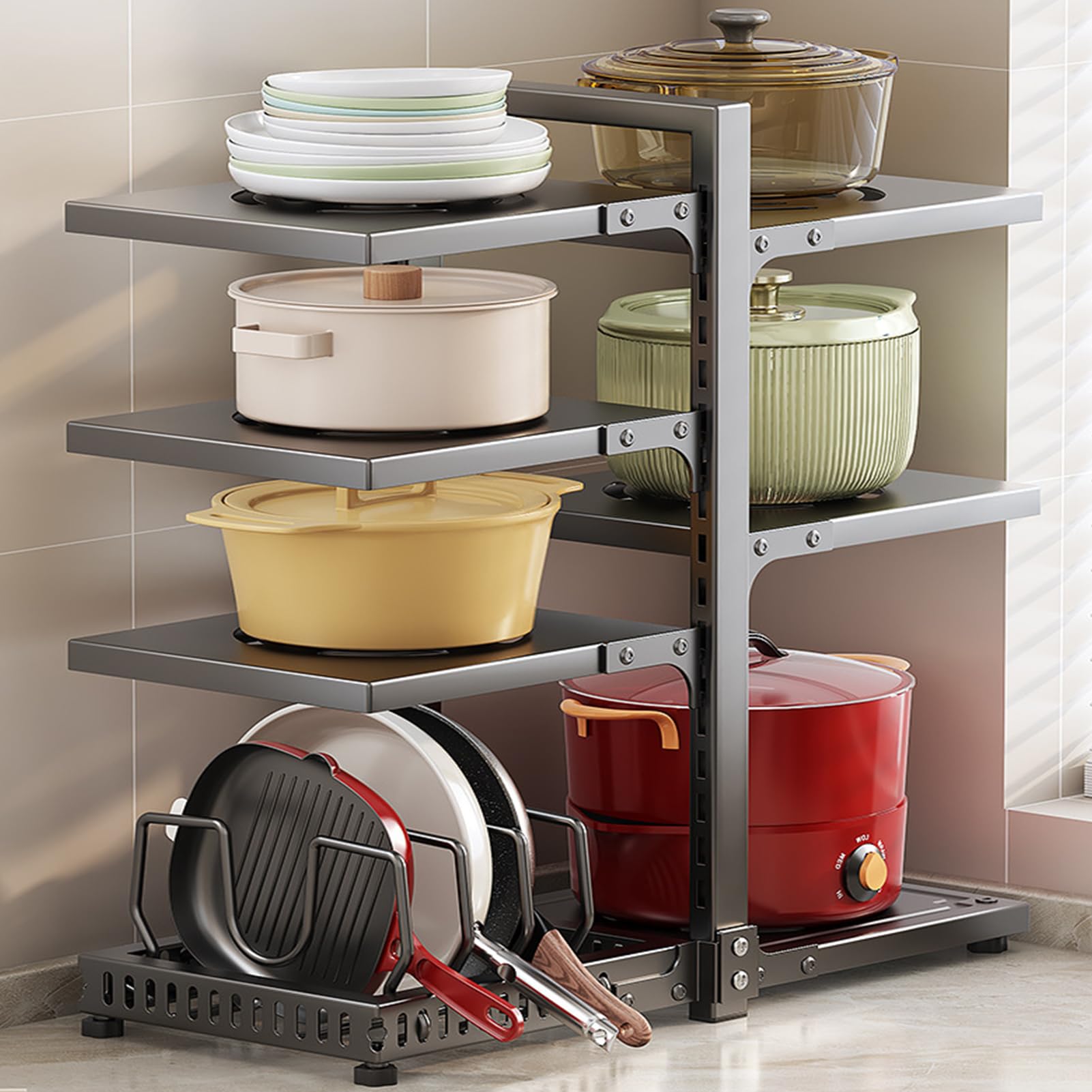Kitchen Cabinet Organizer, 7-stöckig Pfannen Organizer mit Höhenverstellung, Hohe Beanspruchung Pfannenhalter mit Verstellbaren Topfdeckelstäben für Töpfe, Pfannen und Deckel
