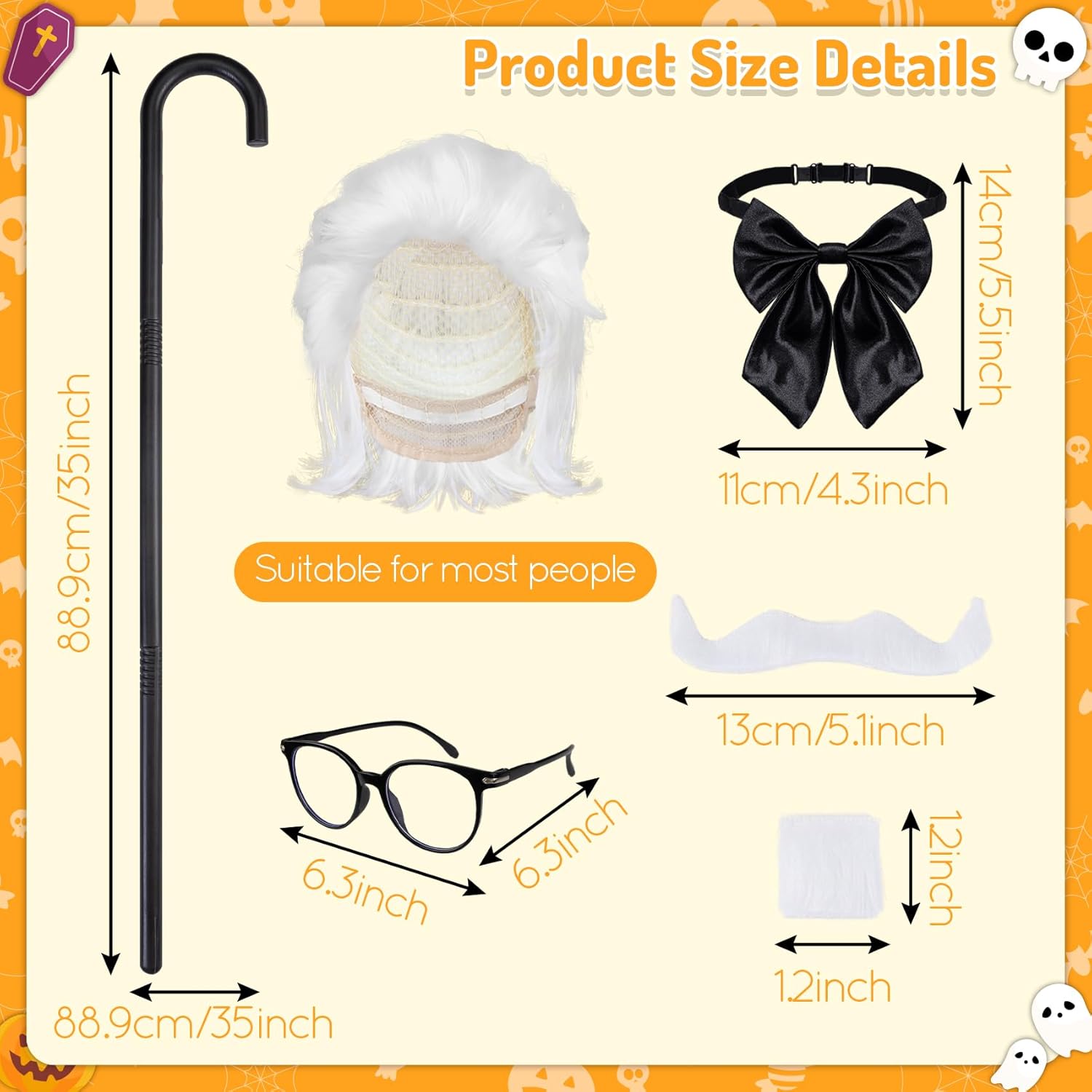 5 Pcs Fast Food Costume Accessories Include White Wig White Beard Glasses Walking Stick and Tie Set for Halloween Cosplay - Image 2