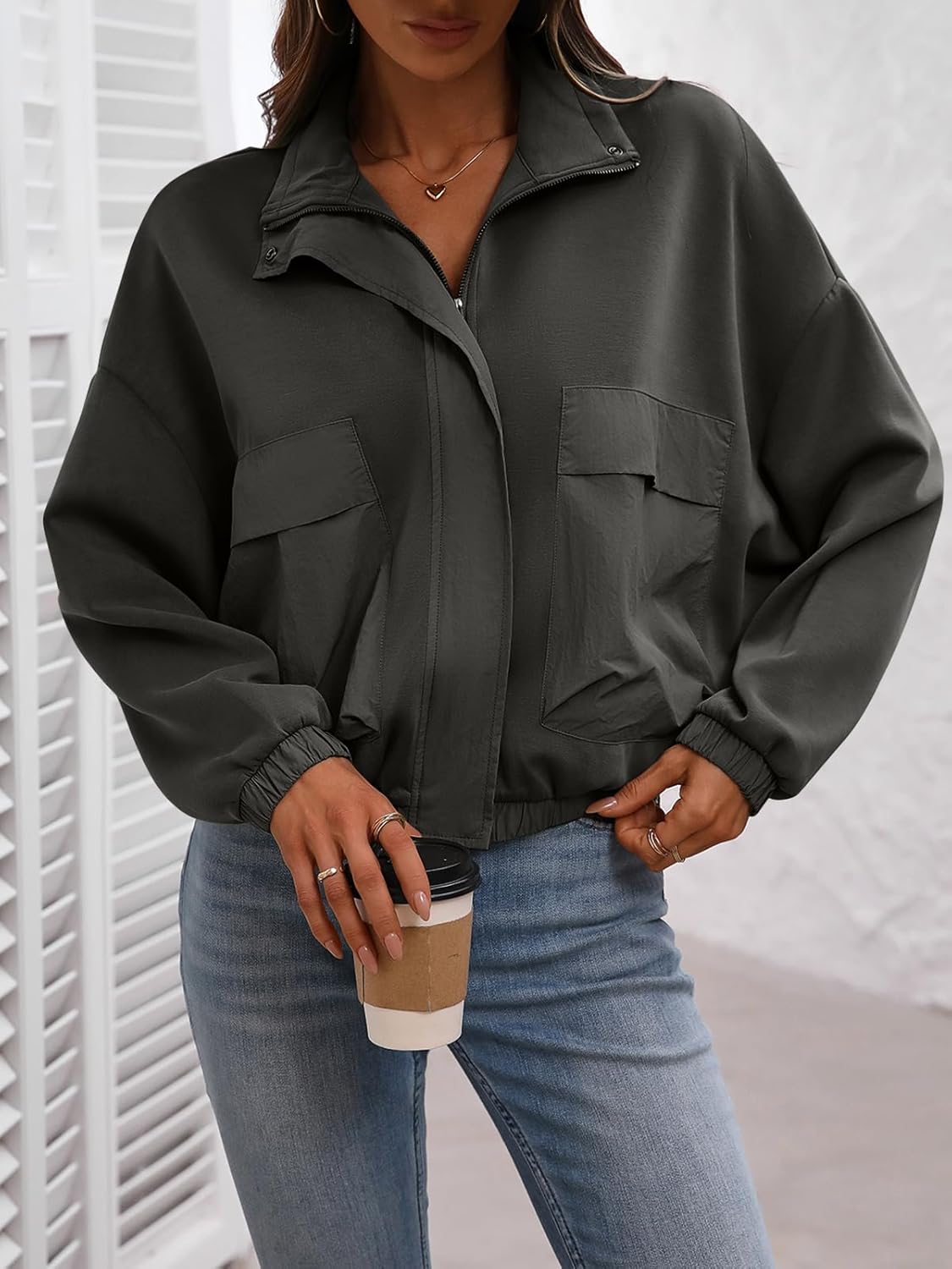 FLYCURVY Women's Cropped Oversized Safari Jackets Zip Up Stand Collar Neck Long Sleeve Utility Anorak jacket with Pocket - Image 3