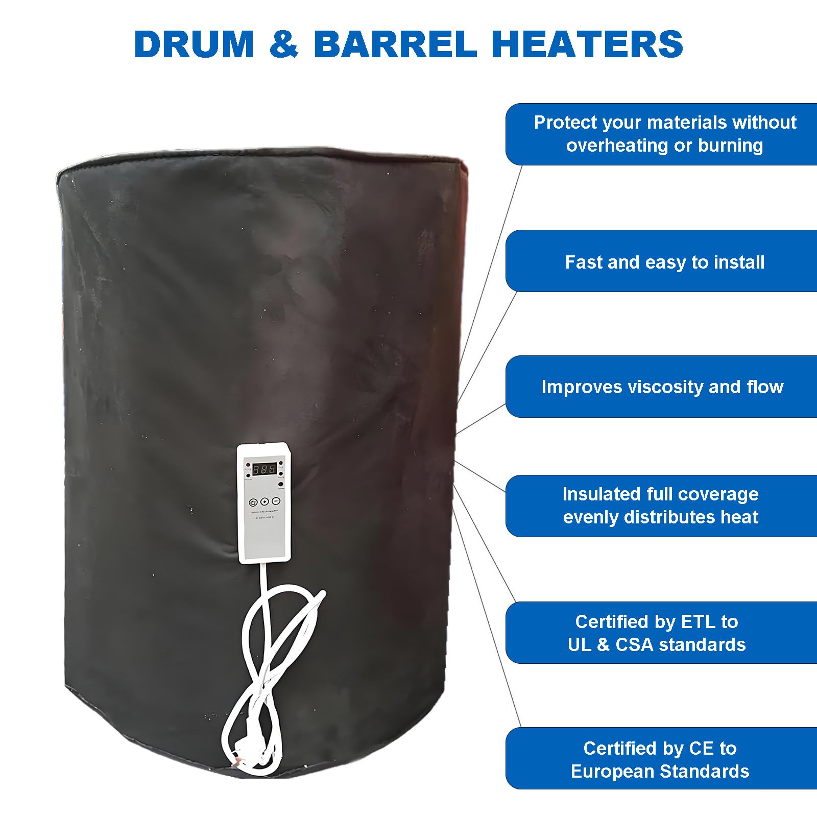 Izolowany podgrzewacz beczek, koc grzewczy do beczek, podgrzewacz wiader 55 gal (200 l), podgrzewacz do beczek z miodem, koc grzewczy do butli gazowych 2000 W, regulacja temperatury Black
