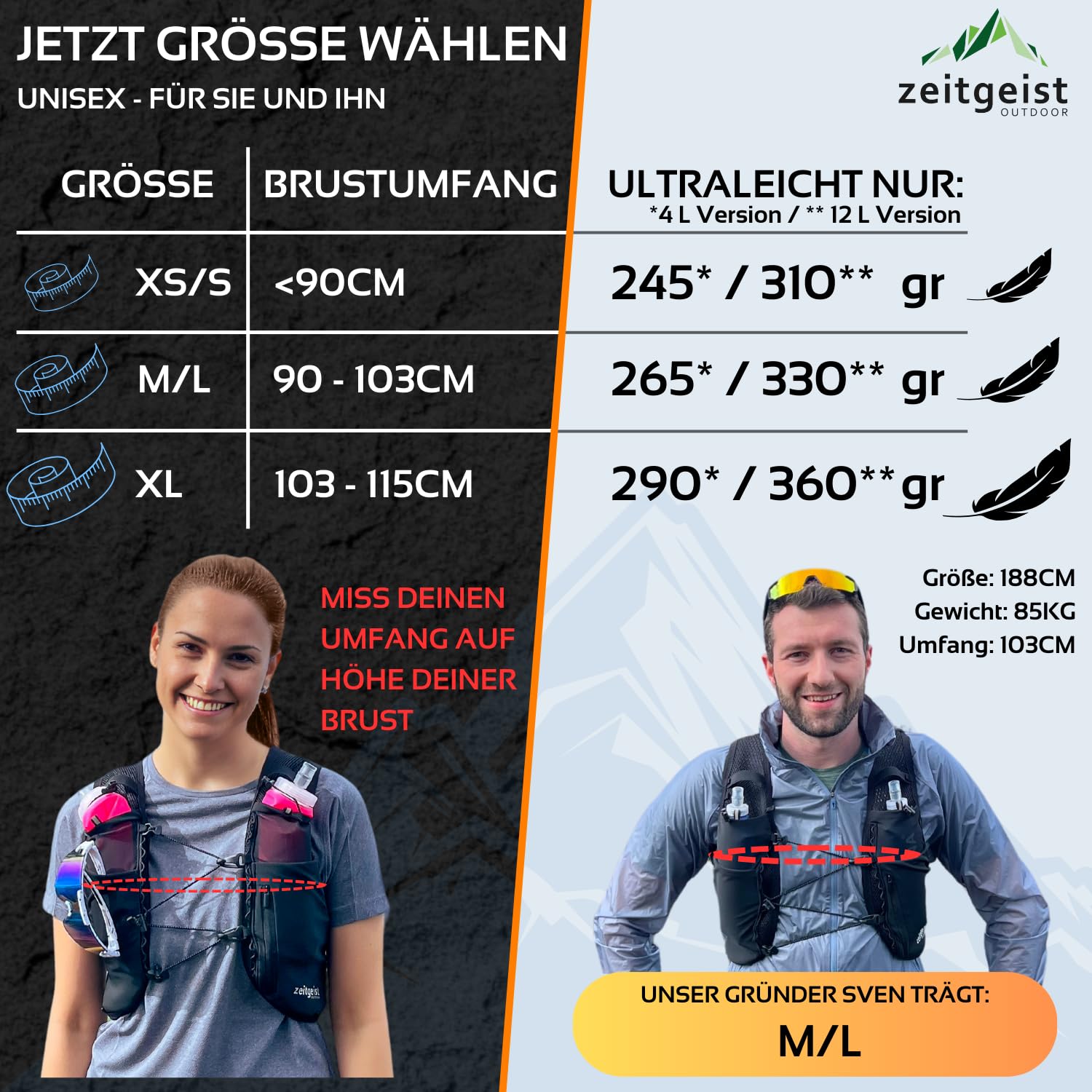 Laufweste Damen und Herren 2 in 1 Laufrucksack 4L & 12L optimale Passform atmungsaktiver Trailrunning Rucksack ultraleichte Running Vest 245-290gr Trinkruckack Laufen
