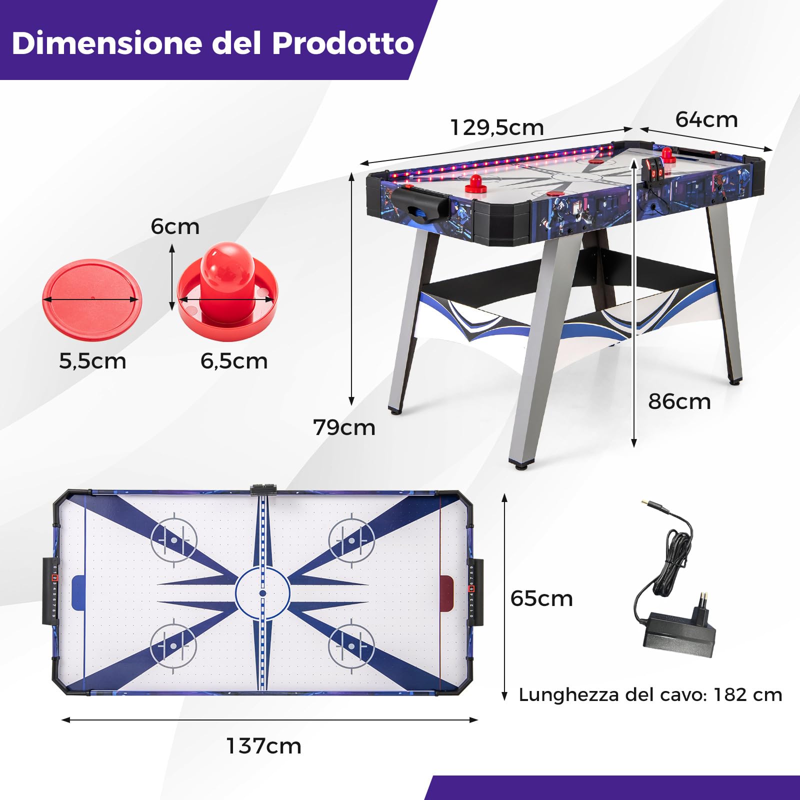 COSTWAY Air Hockey da Tavolo con 2 Spintori e Dischi, Piedini Regolabili, Tavolo da Hockey Alimentato con 12V Motore e Tabellone Segnapunti LED, Tavolo Hockey da Interno 137 x 65 x 86 cm