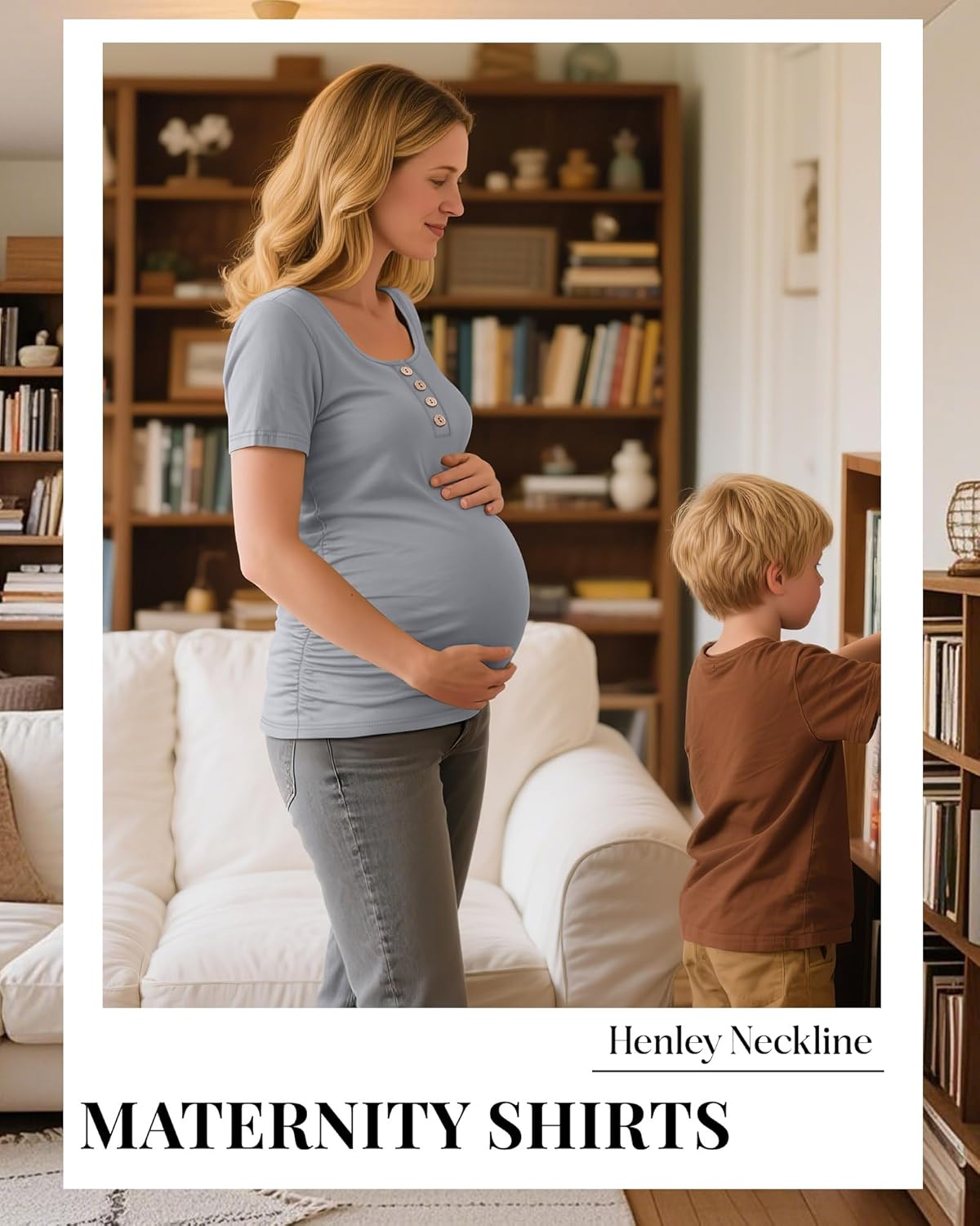 Riyiper 4 Pack Women's Maternity Shirts, Henley Scoop Neck Pregnancy Tee Tops Short Sleeve Side Ruched Mama Clothes - Image 5