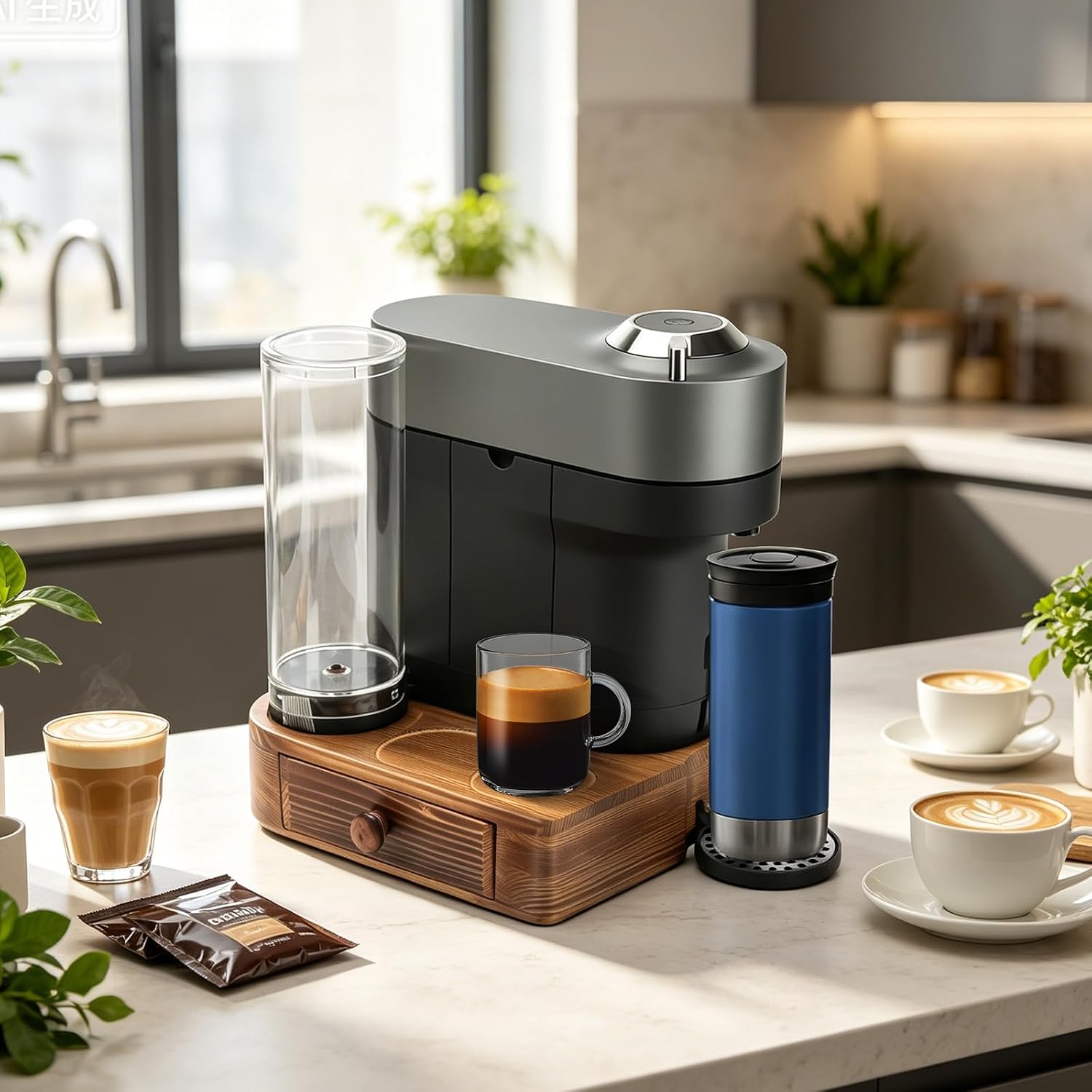 Riser Stand for Nespresso Vertuo Pop+, with Coffee Pod Drawers Organizer - Elevated Base Fits Tall Mugs (Up to 7.48" H), Coffee Station for YETI Rambler & Stanley 20oz Cups - For Pop+ ONLY (Not Pop) Brown