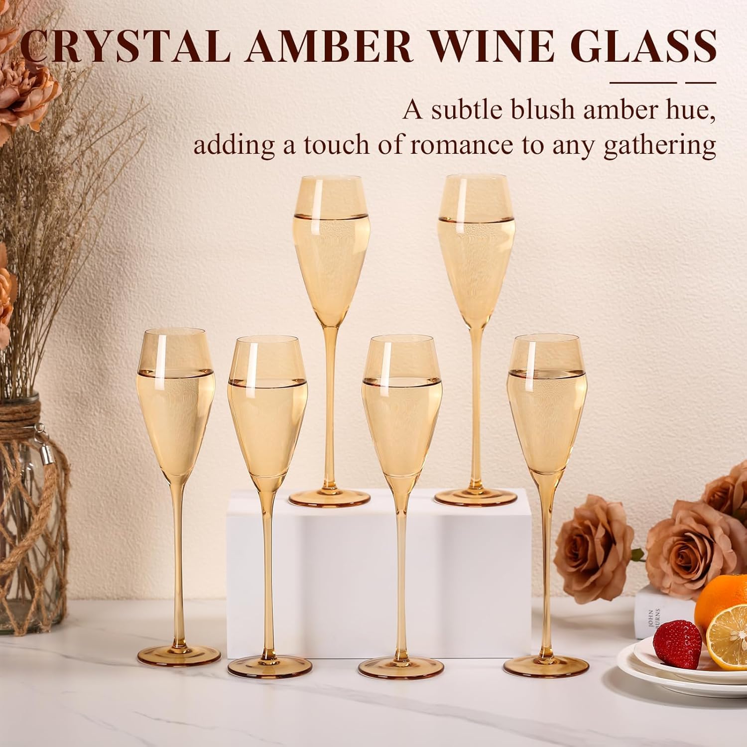 Amber Champagne Flutes Glasses Set of 6, Elegent Hand Blown Flutes Glass, Lead-Free Colored Wine Glasses Set - Ideal for Weddings, Anniversaries, Christmas, Special Days