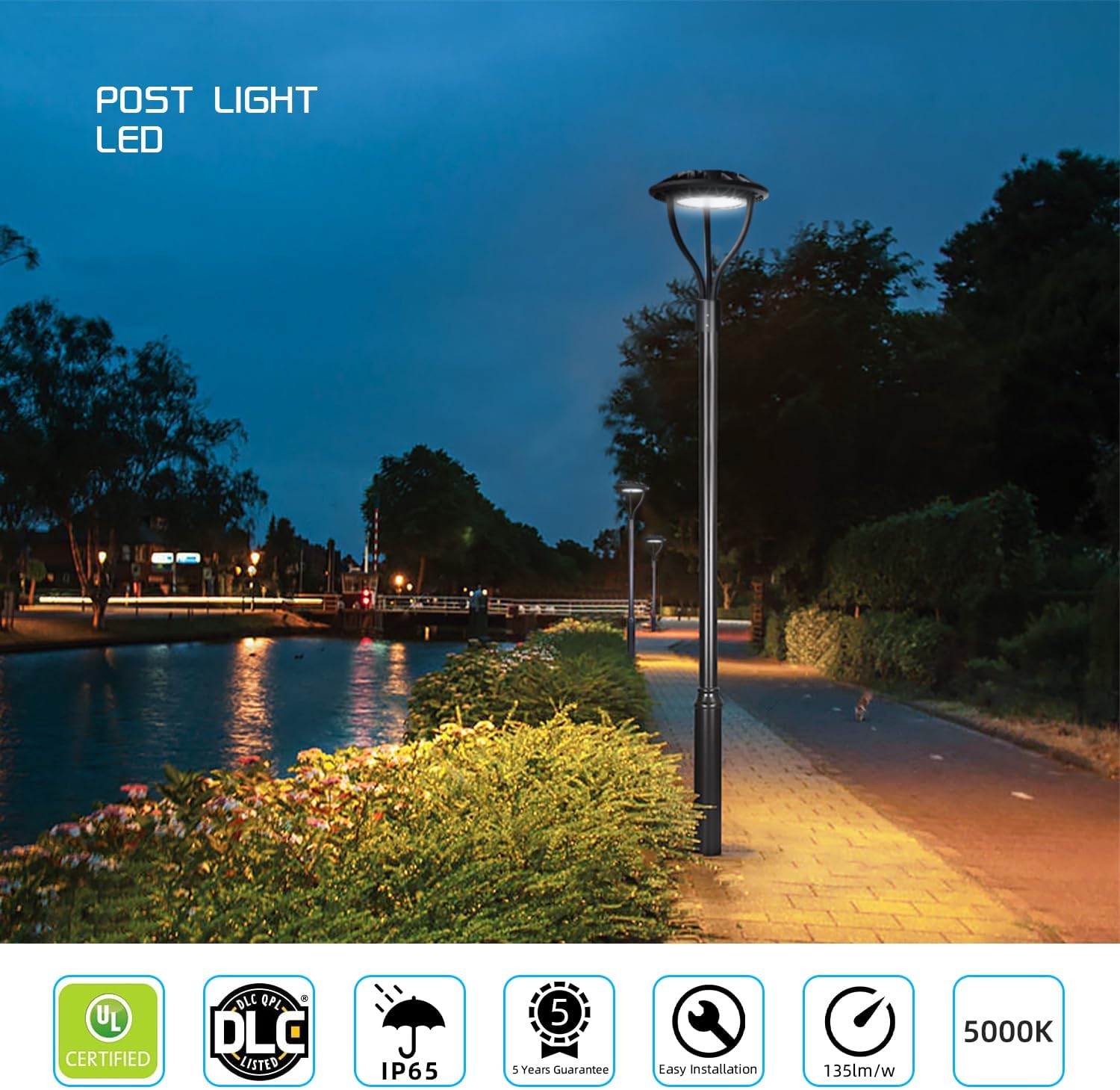 Led Post Top Light 60W Circular, DLC/ETL Listed LED Street Area Post Top Light, Outdoor IP65 Waterproof, Pathway Pole, Yard Light Fixture (100W)