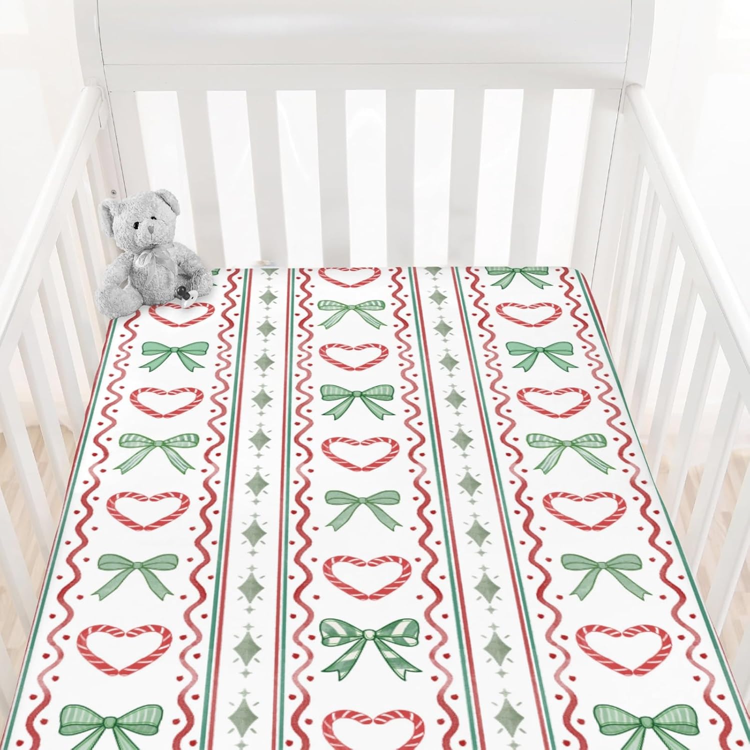 Red Green Christmas Candy Cane Bows Striped Baby Crib Sheets Cute Christmas Candy Cane Love Hearts Baby Sheets Winter Festive Holiday Fitted Crib Mattress Cover for Standard Mattress 28x52in