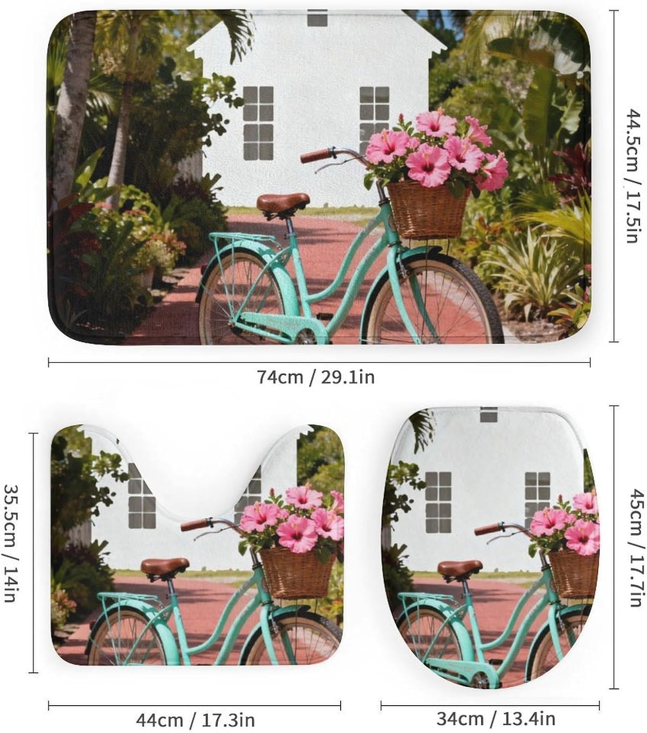 4 Piece Bathroom Rug Set with Shower Curtain, Non-Slip Bath Mat Toilet Cover Set, Bike Bathroom Rug Sets