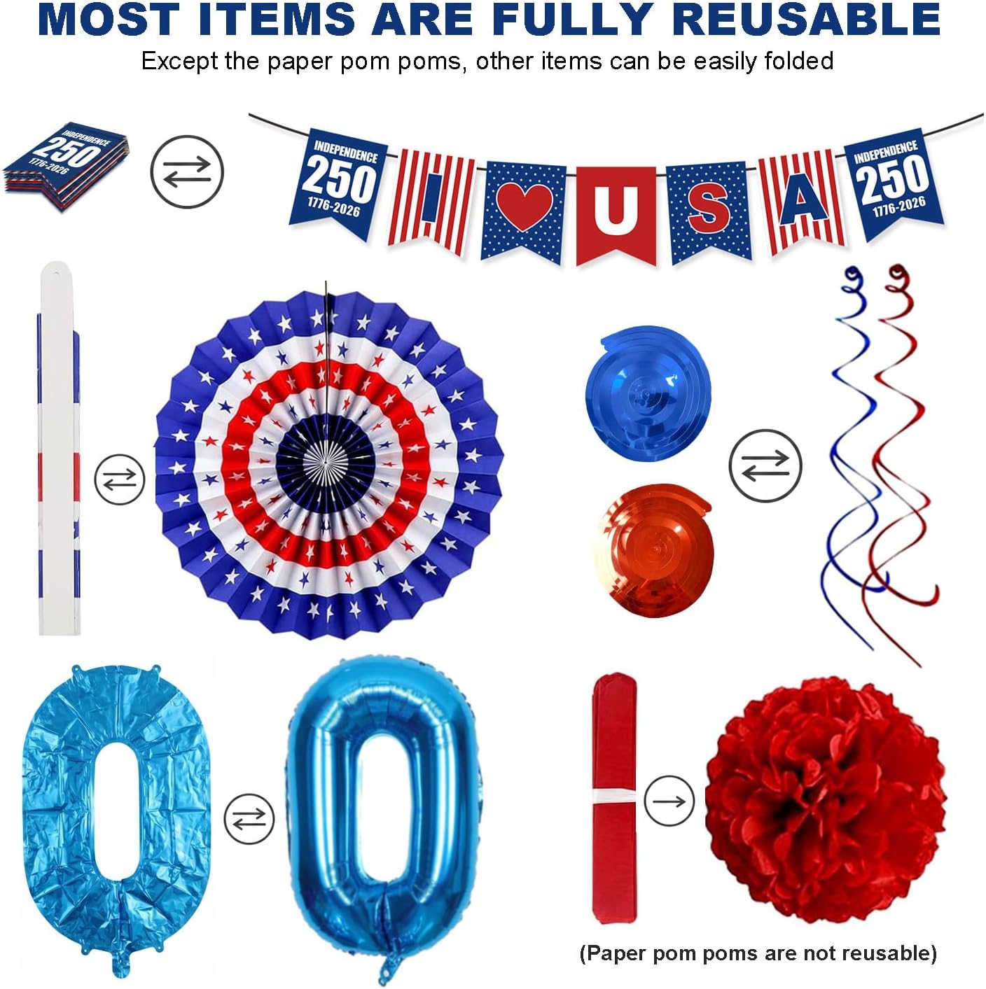 250 Anniversary USA Decorations 4th of July America 250th Merchandise Indoor Party Patriotic Decor Fourth Independence Day Accessories American Red White and Blue Balloons