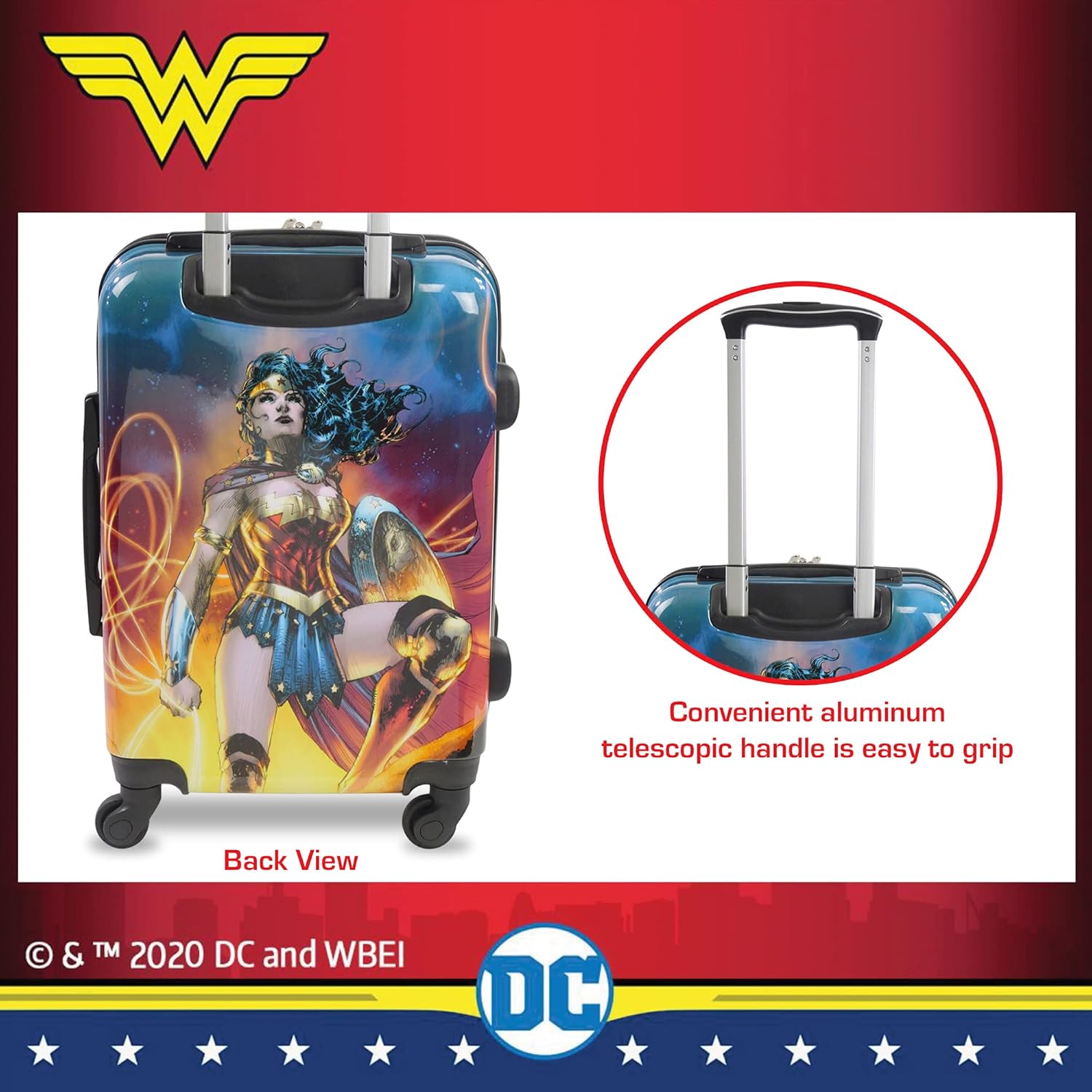 review FUL Concept One DC Comics Wonder Woman Printed Rolling Travel Hardside Luggage with Wheels, Multi, 21