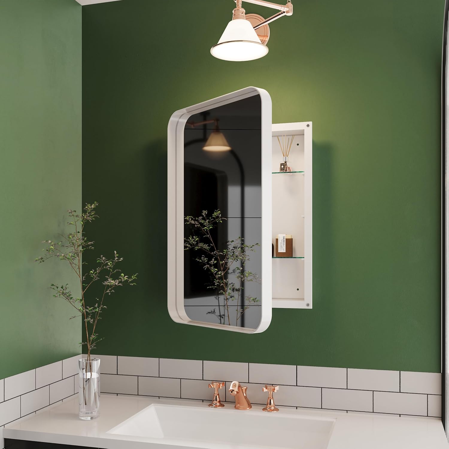 Metal Framed Wall Mirror Medicine Cabinet with Storage for Wall Mounted and 2 Adjustable Shelf Modern Bathroom Mirror for Over Sink Hallway (White, 16x24 Inch)