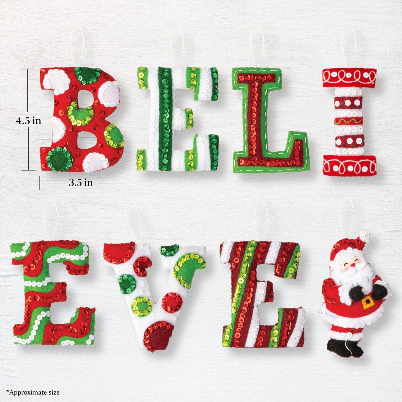 Bucilla Felt Applique 7 Piece Ornament Making Kit, Believe in Santa, Perfect for DIY Arts and Crafts, 89671E