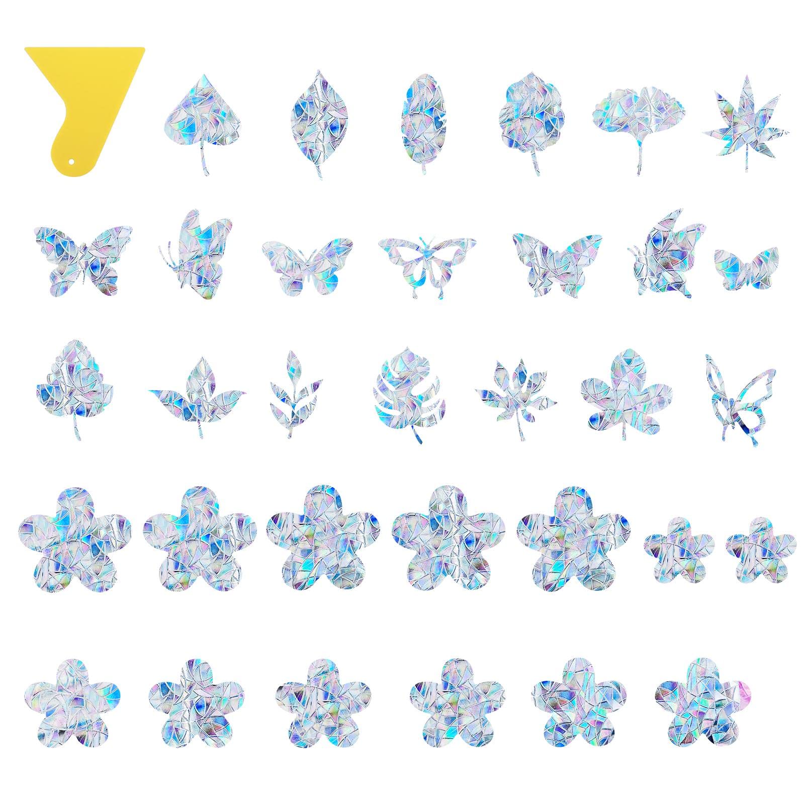 homfanseec 61 Pieces Window Decals for Bird Strikes with 1 Piece Scraper, Window Clings for Bird Strikes, Anti-Collision Window Decals, Leaves, Butterflies and Flowers(as Shown)
