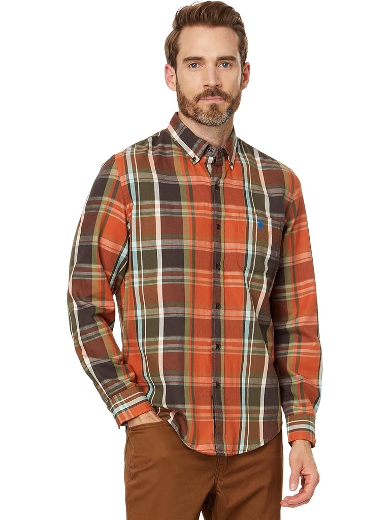 U.S. POLO ASSN. Long Sleeve Classic Fit 1 Pocket Yarn Dye Peached Twill Multicolor Plaid Woven Shirt