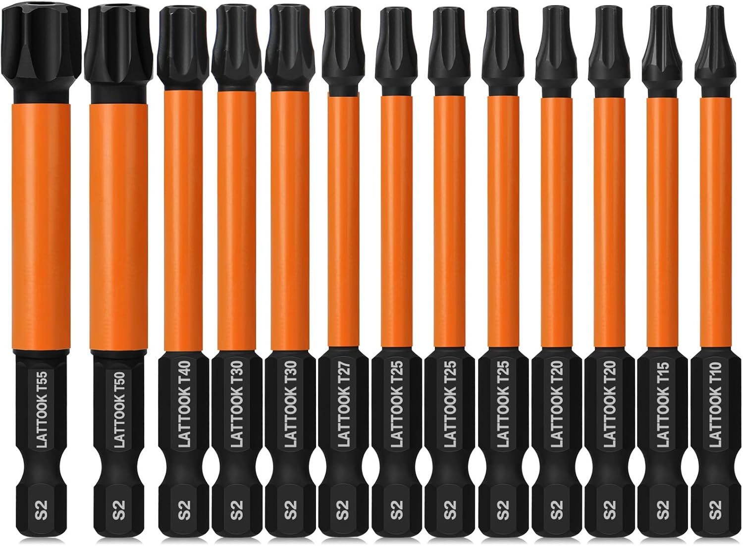 Impact Torx Bit Set, LATTOOK 13PCS Security Torx Bit Set, Tamper Proof Star Bit Set, Magnetic S2 Steel, 3'' Long, T10, T15, T20, T25, T27, T30, T40, T50, T55