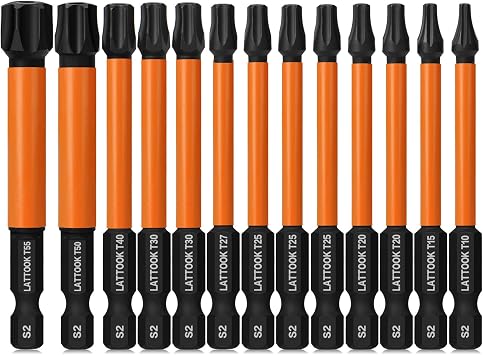 Impact Security Torx Bit Set, T10, T15, T20, T25, T27, T30, T40, T50, T55 | LATTOOK 13PCS Tamper Proof Torx Star Bit Set, Magnetic S2 Steel, 3 Long