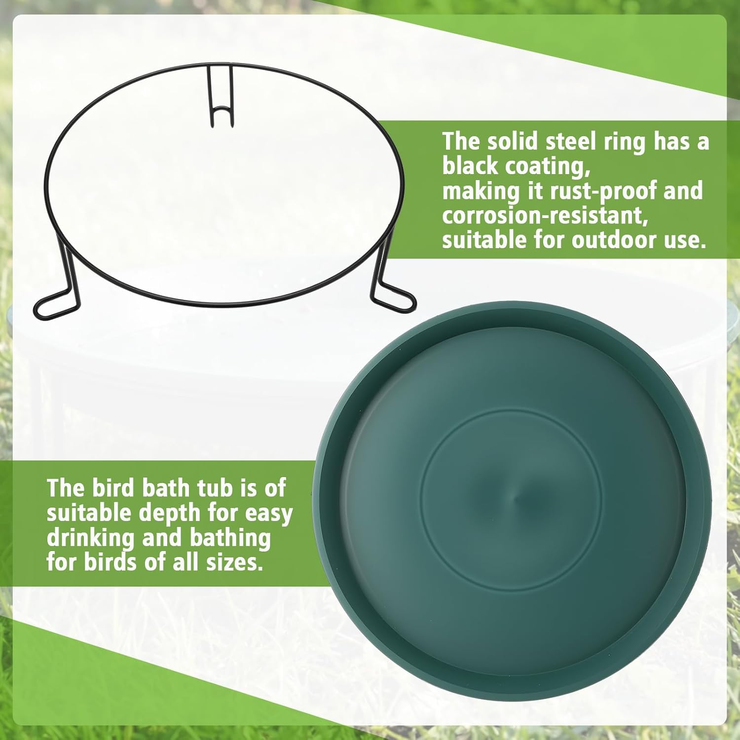 14.37“ Ground Level Bird Bath for Outside Floor Standing Large Bird Bath for Patio Garden or Deck Black Steel Wire Stand with Dish Outdoor Feeder Water Bowl (Green)