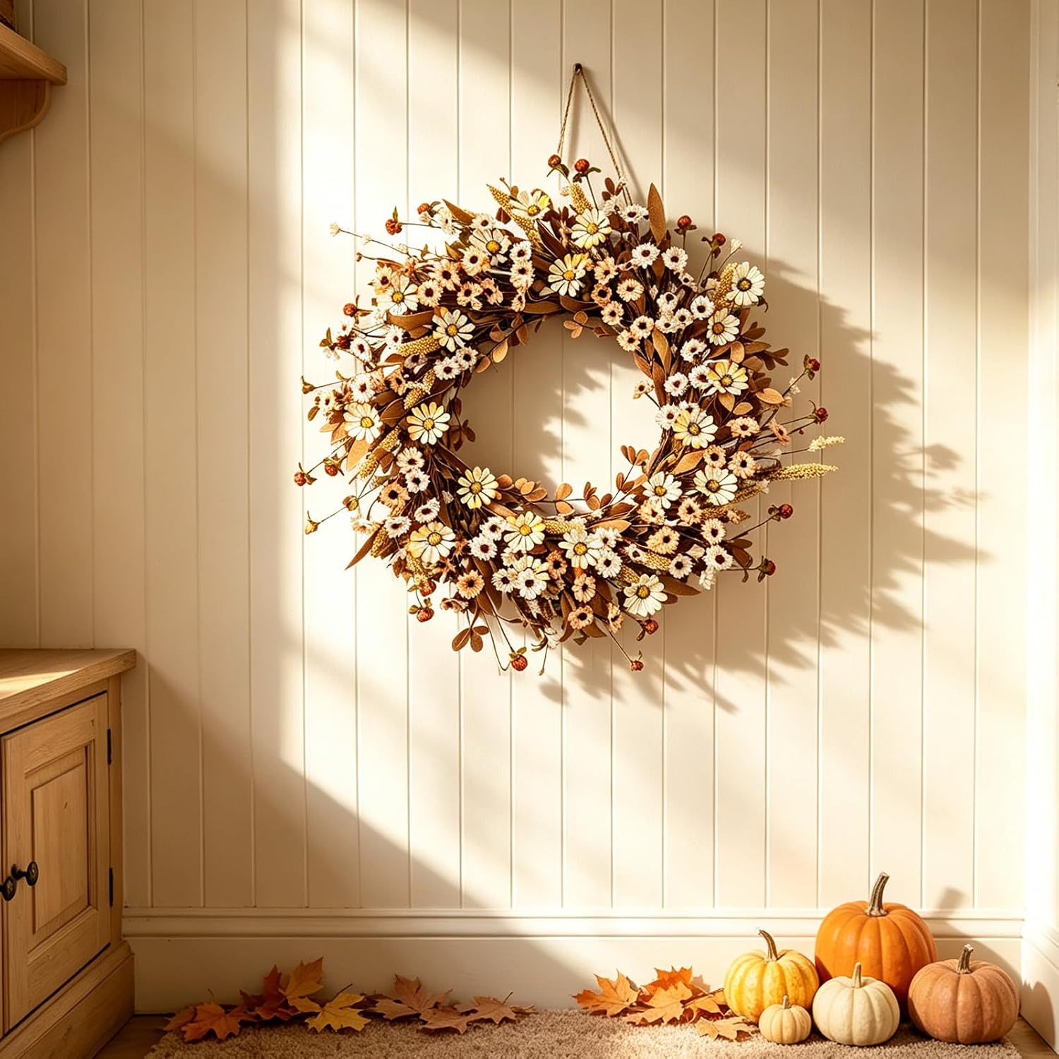 22" Fall Wreath for Front Door, White Daisy Artificial Wreaths | Artificial Wreath with Wheat Ears, Autumn Thanksgiving Farmhouse Home Decor