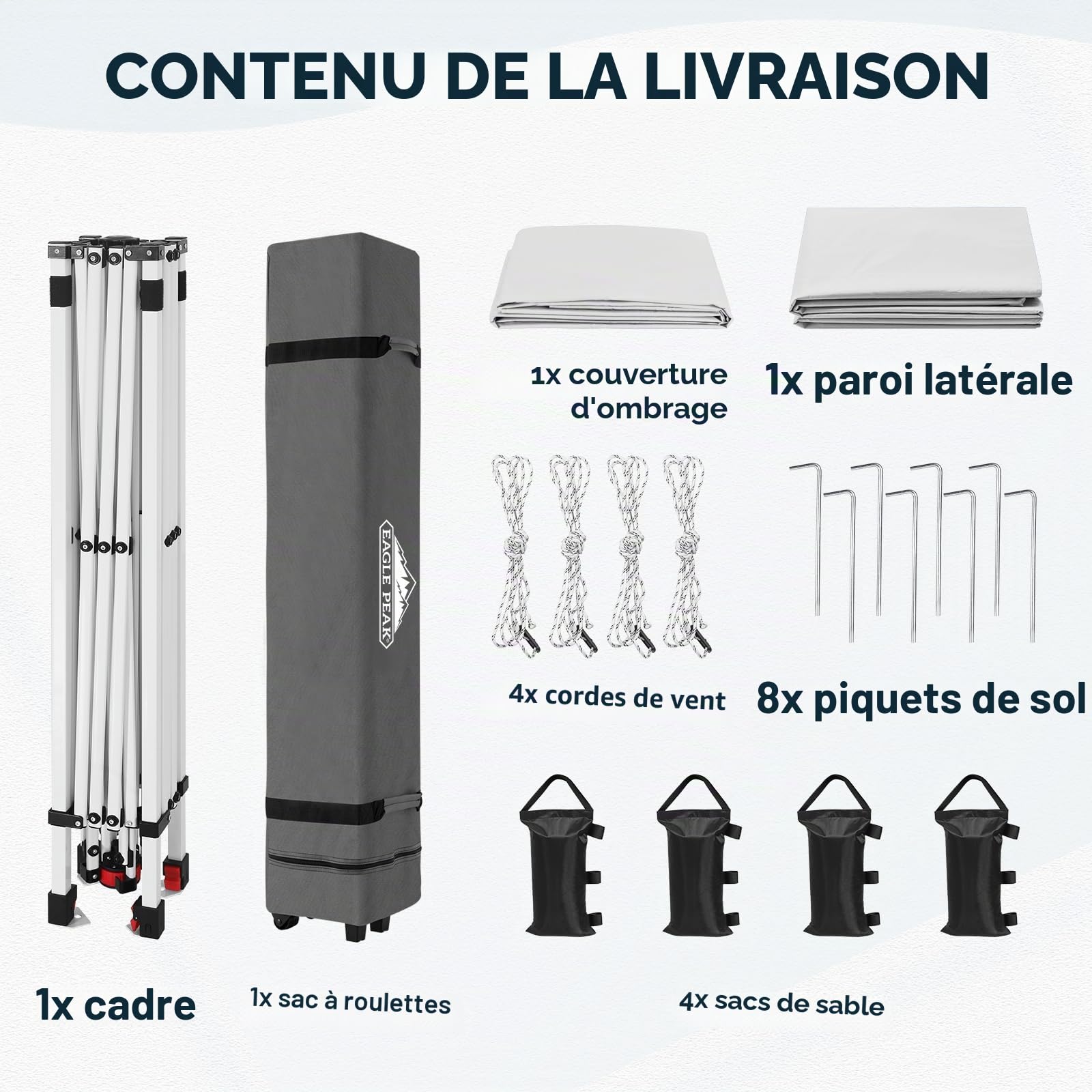 EAGLE PEAK Auvent Commercial Pliable 3x3 m, Tente Abri Instantané avec 1 Paroi Latérale, Robuste et Facile à Installer, Protection Solaire Extérieure pour Marchands et Marchés, Blanc
