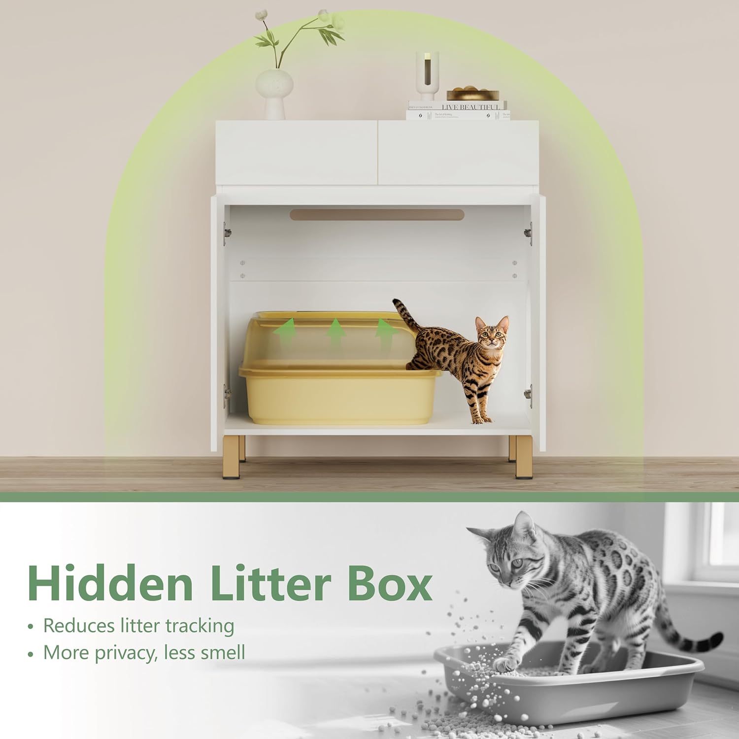 Large/Tall Litter Box Enclosure, Modern Wooden Litter Box Furniture for XL Litterbox with Drawer as Sideboard Cabinet (White)
