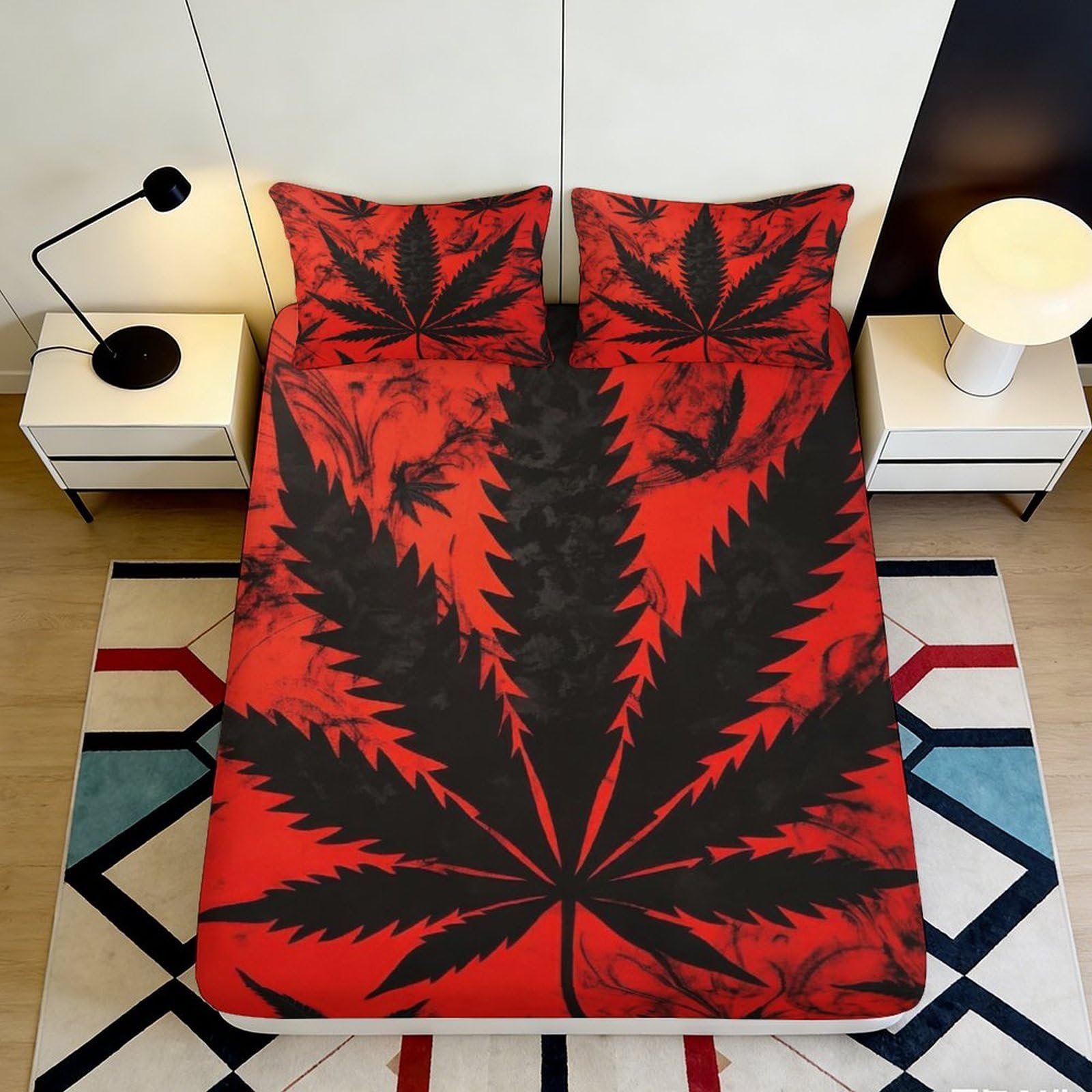 3D Printed Red Cannabis Leaf Fitted Sheet Microfiber Anti-Slip Black Marijuana Bed Cover for Bedroom Dorm Easy Care Decor 90x200x25cm