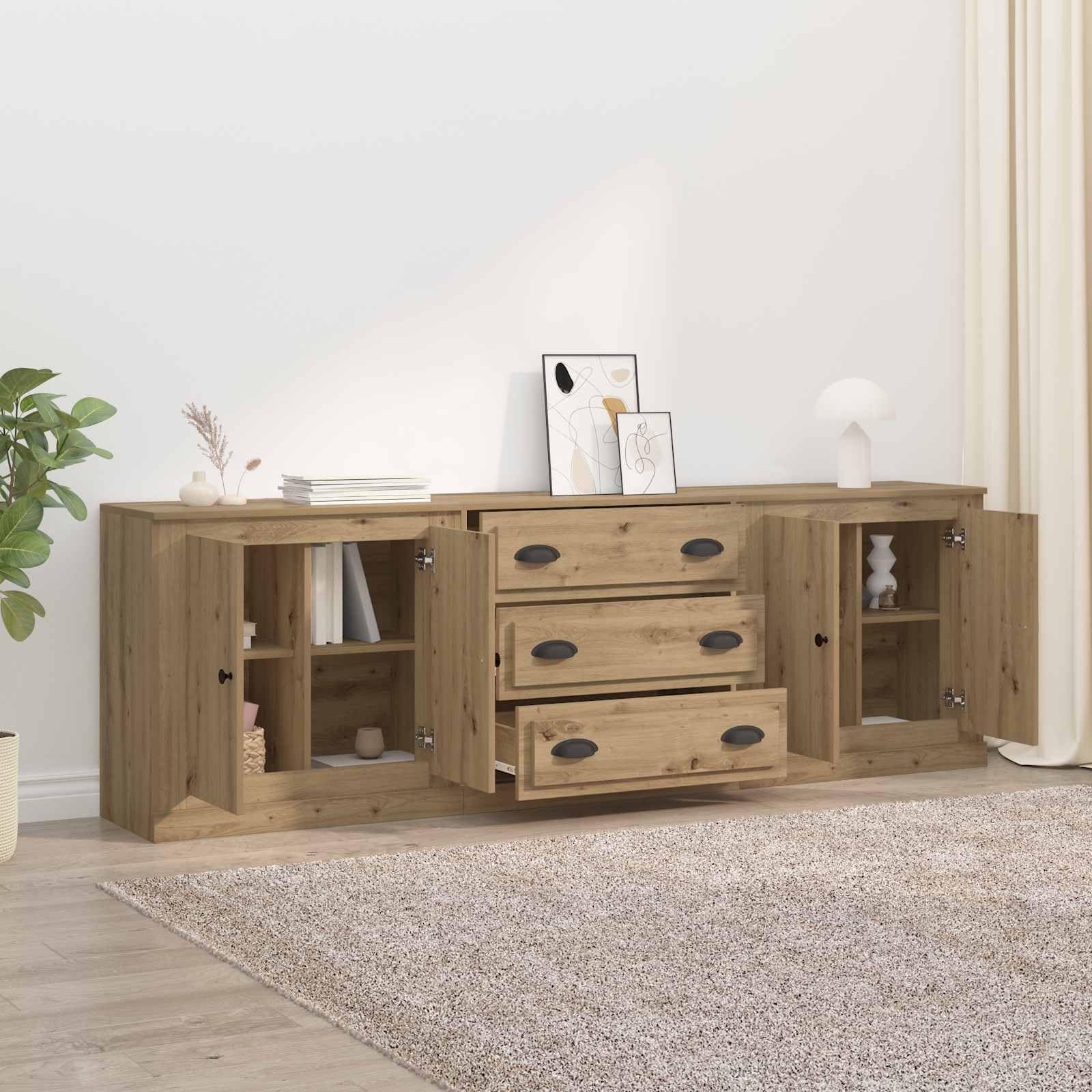 Buffet Lot de 3 Meuble Bas Chêne Artisanal 210 cm