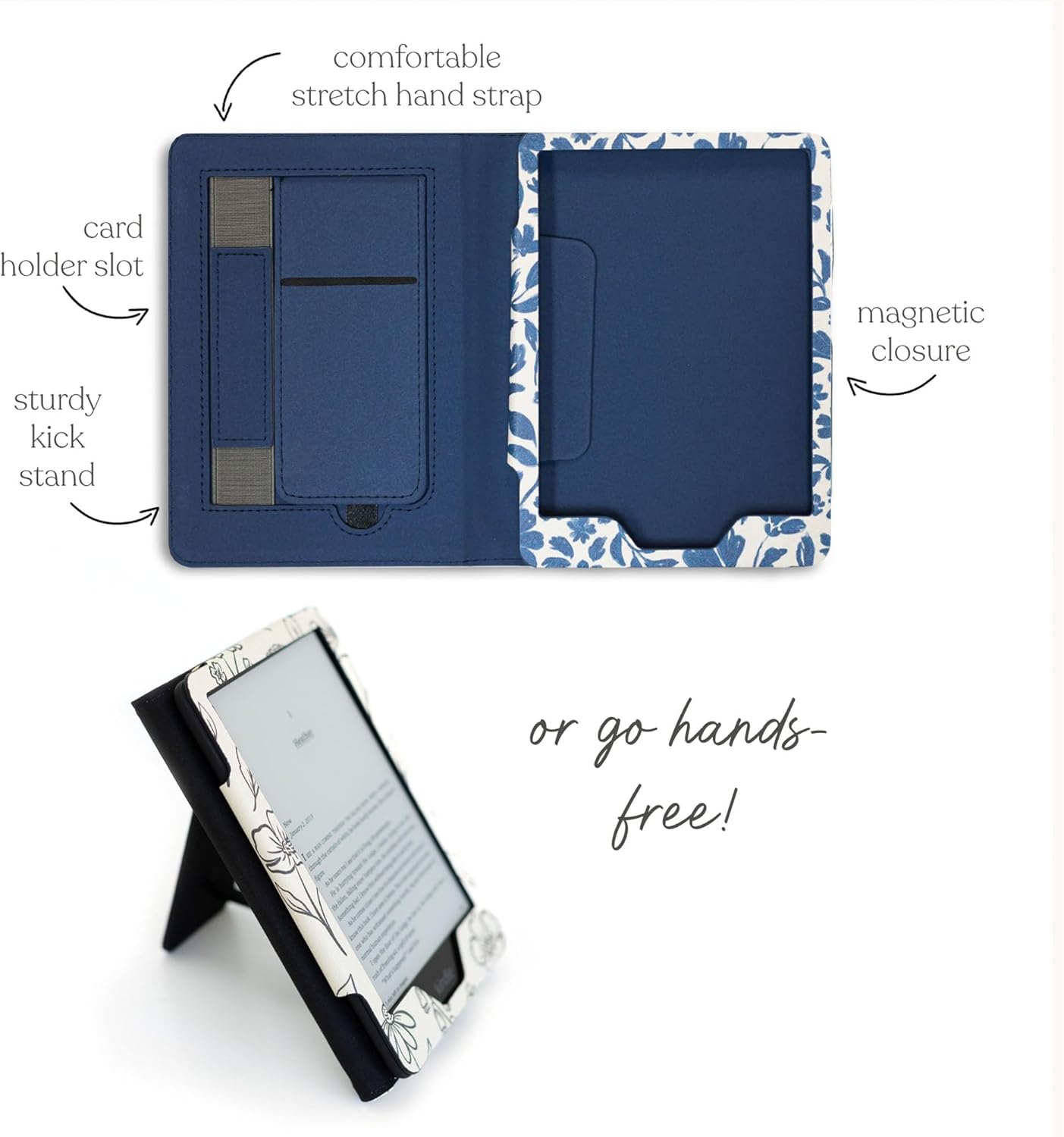 Elyse Breanne Design, Compatible with Basic Kindle Reader, 11th Generation, PU Leather Shell, Smart Device Case Cover, Elastic Hand Strap, Easel Back to Stand Up, Porcelain Floral