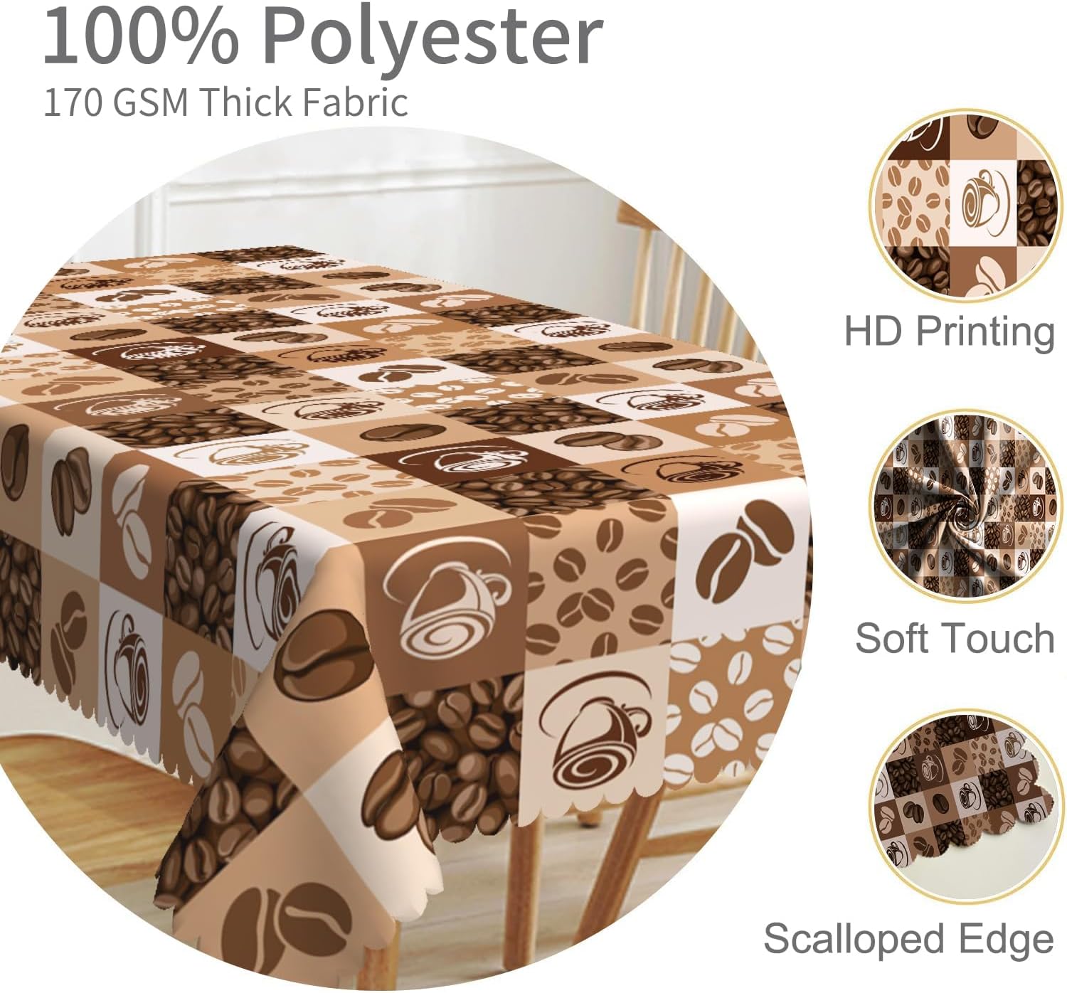 60x102inches Coffee Beans Print Tablecloth Hand Drawn Sketch Retro Plaid Waterproof Spill Proof Rectangle Table Cloth Cover for Dining Room Kitchen Coffee Shop Decor