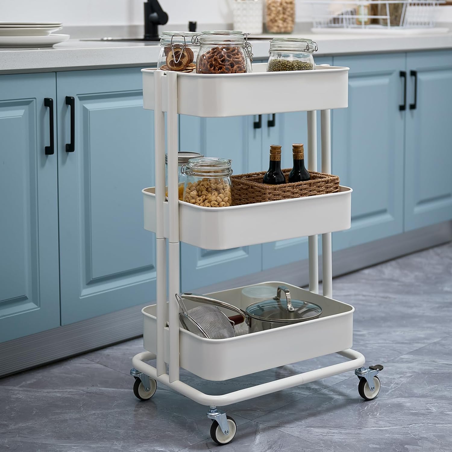 3 Tier Rolling Cart Metal Heavy Duty Utility Cart with Silent Caster Lockable Wheels Multi-Functional Organization Carts Storage Trolley with Mesh Shelves for Office Kitchen Living Room white