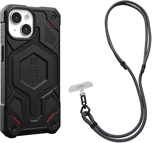 URBAN ARMOR GEAR UAG - Funda Monarch Pro Kevlar negra de 6.1 pulgadas diseñada para iPhone 15, paquete con cordón cruzado UAG para teléfono civil de disponible en Yaxa El Salvador
