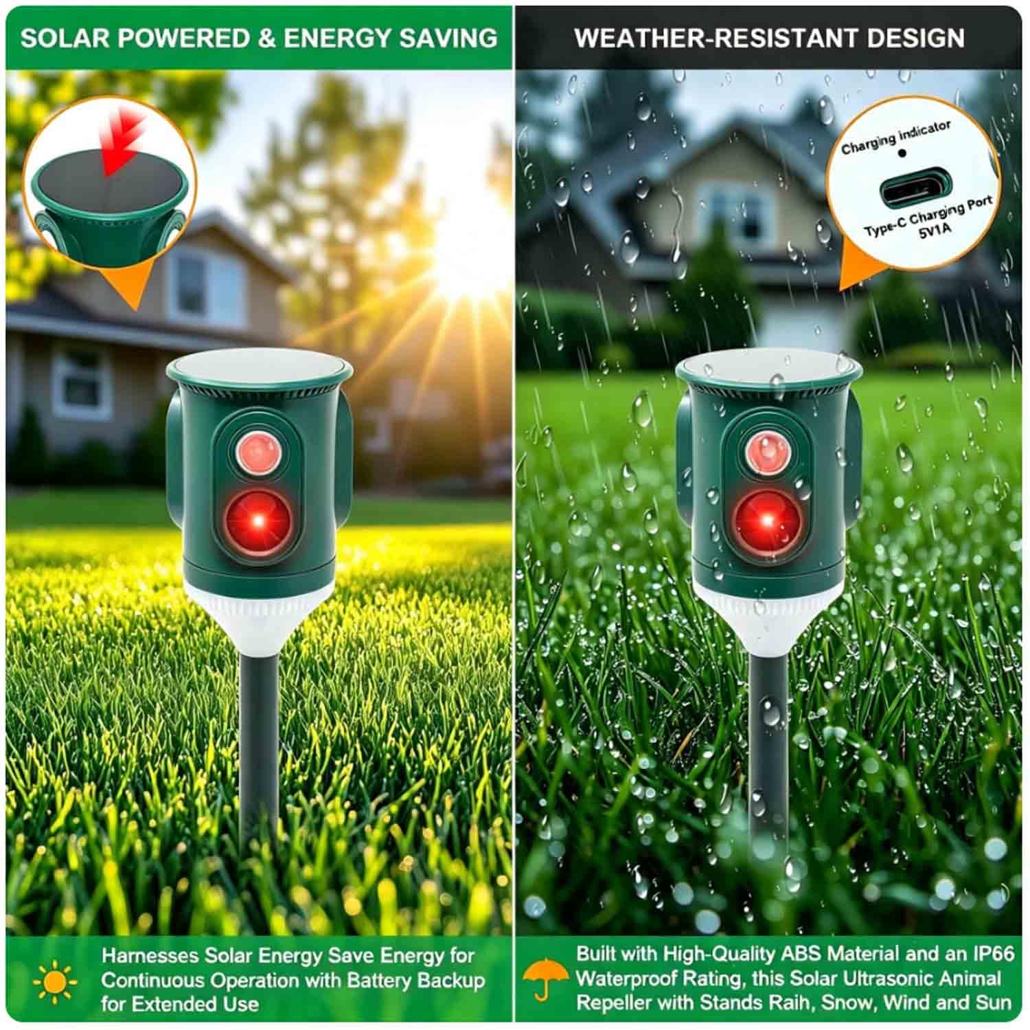 2X Solar-Ultraschall-Tiervertreiber 360° mit Blitzlicht, bewegungsaktiviert,wasserdichter Gartenschutz gegen Katzen,Hunde,Eichhörnchen,Waschbären,Stinktiere,Kaninchen und Kojoten