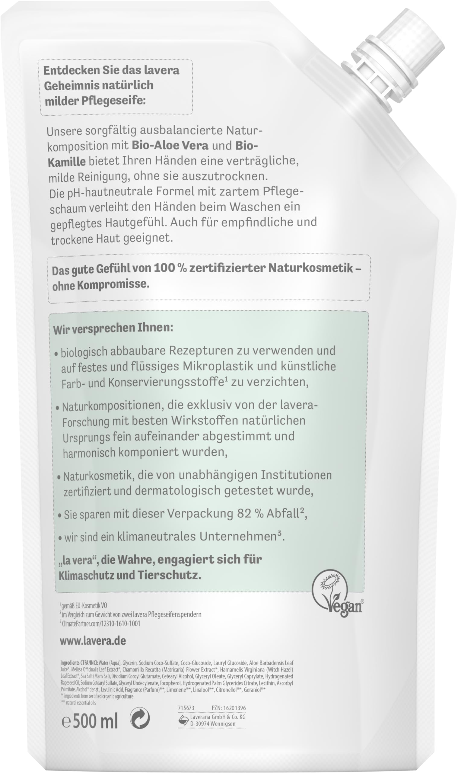lavera Nachfüllbeutel basis sensitiv milde Pflegeseife • Bio-Aloe Vera & Bio-Kamille • milde Reinigung • auch für empfindliche und trockene Haut geeignet • vegan • pH-hautneutral • 6 x 500ml
