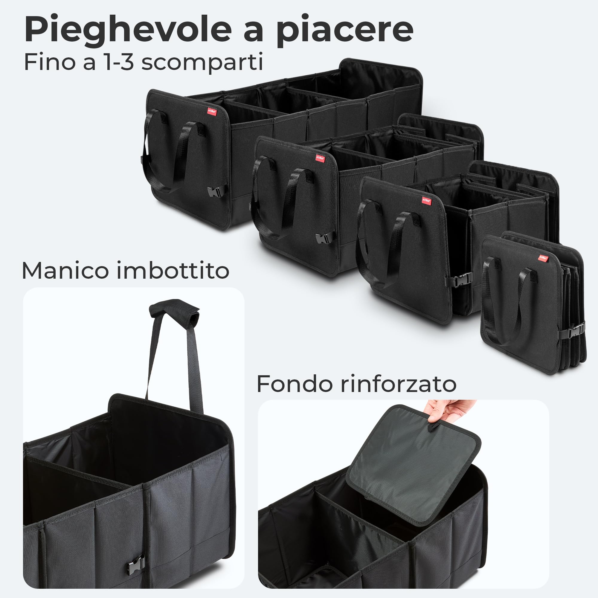 achilles Organizer Bagagliaio Auto Pieghevole - 71L Organizer Bagagliaio - 3 Scomparti Regolabili Organizer Compatto per l'Auto - Nero - 74x33x30 cm