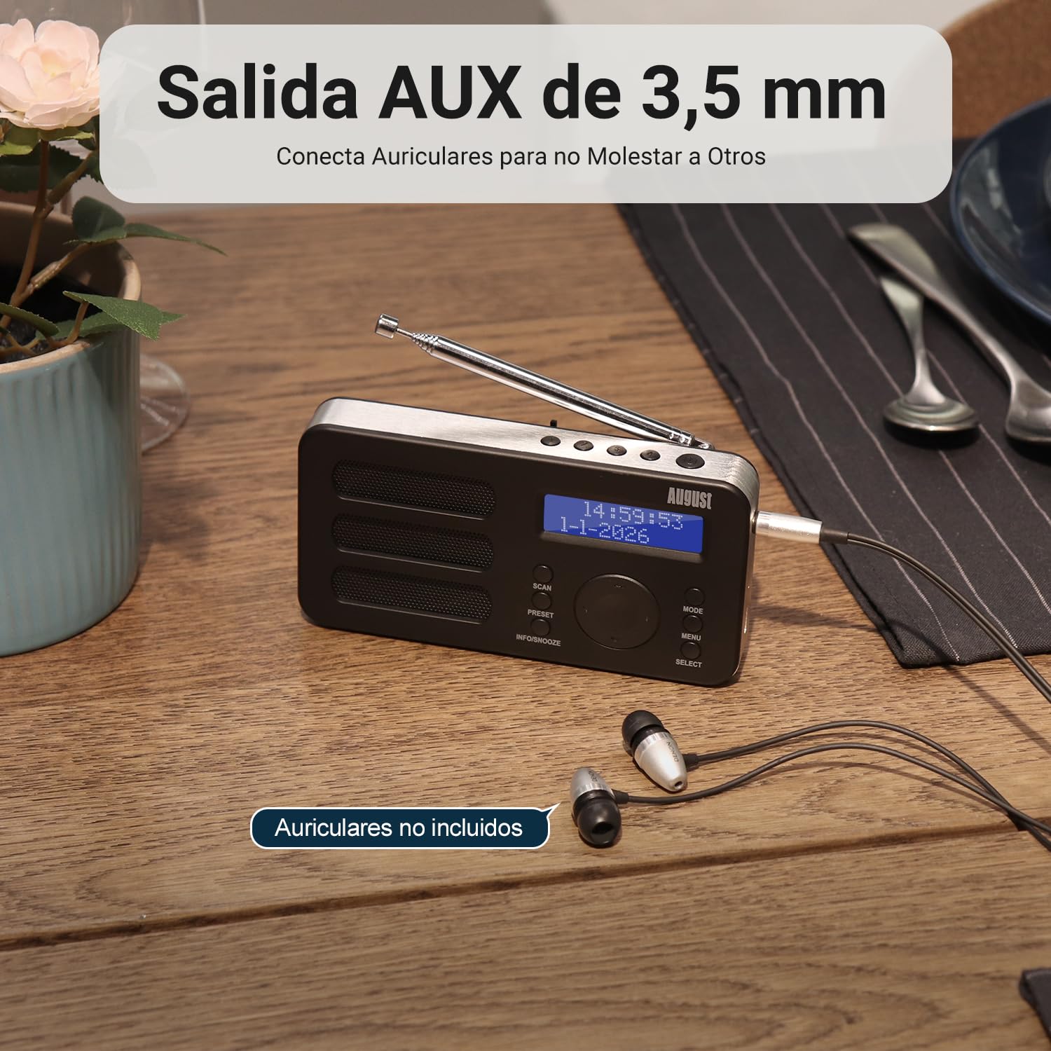 August MB225 Radio Portátil con Dab+/Dab/FM RDS, 40 Presets Radio, Digital Estéreo/Mono con Temporizador de Espera, Doble Alarma Snooze y Batería Recargable, Conexión de Audio fácil(Negro)