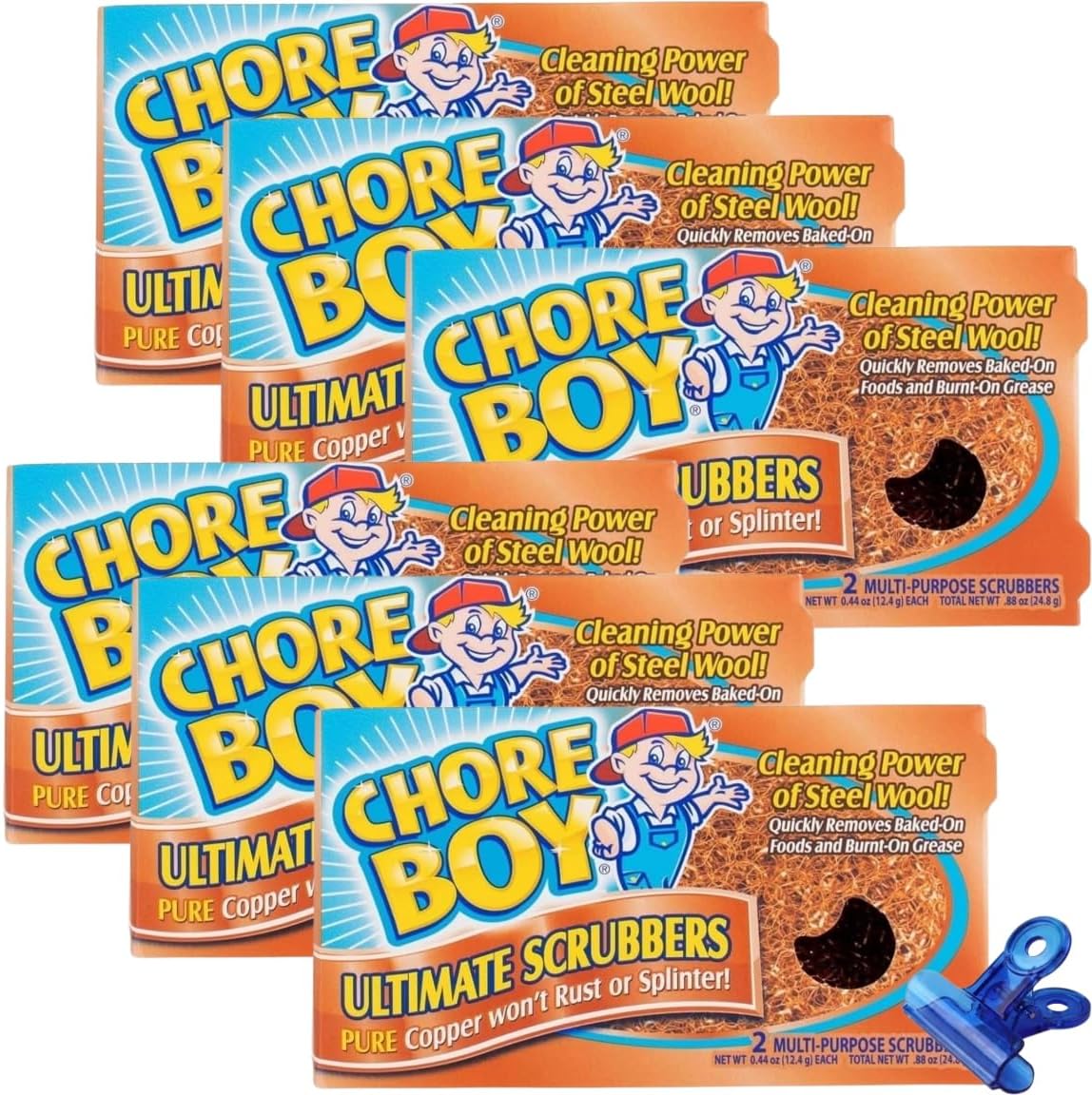 Chore Boy Heavy Duty Copper Scrubber for Pots and Pans 2 pk – Dish Scrub Pad & Cast Iron Cleaner – Scouring Pads – Steel Wool Alternative – 6 Pack with Bag Clips