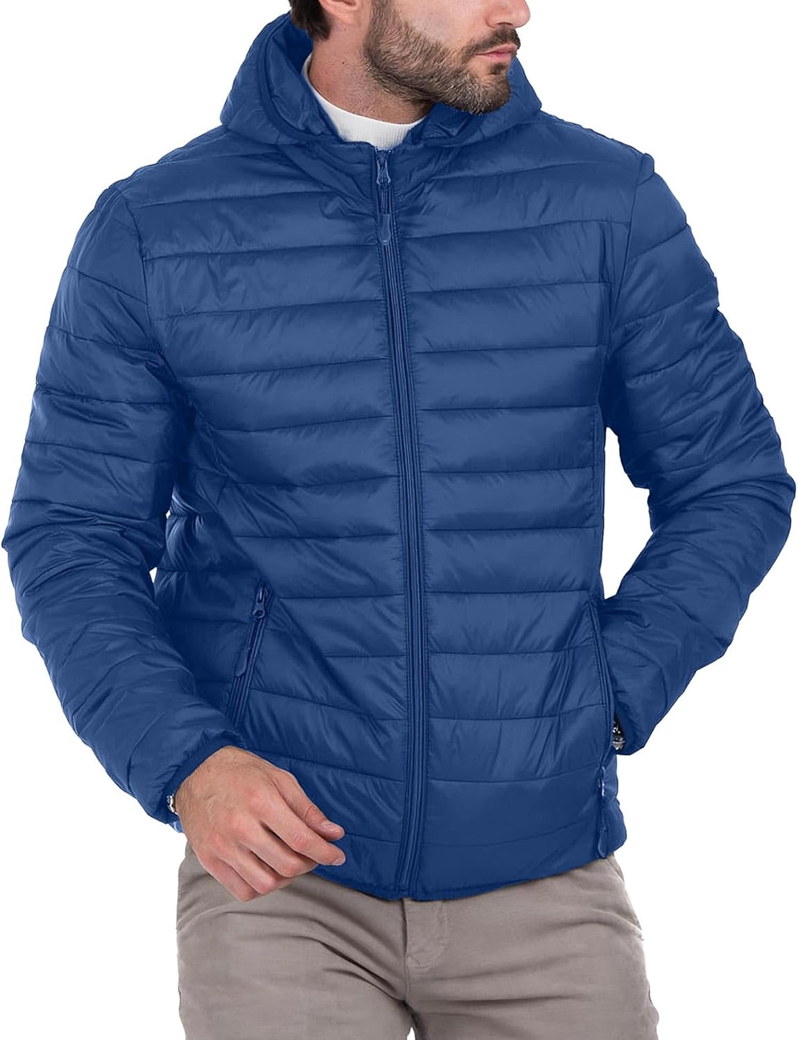 Puffer Jacket for Men Hooded Lightweight Water Resistant Winter Jackets Outerwear for Camping Travel Blue XL - Image 6
