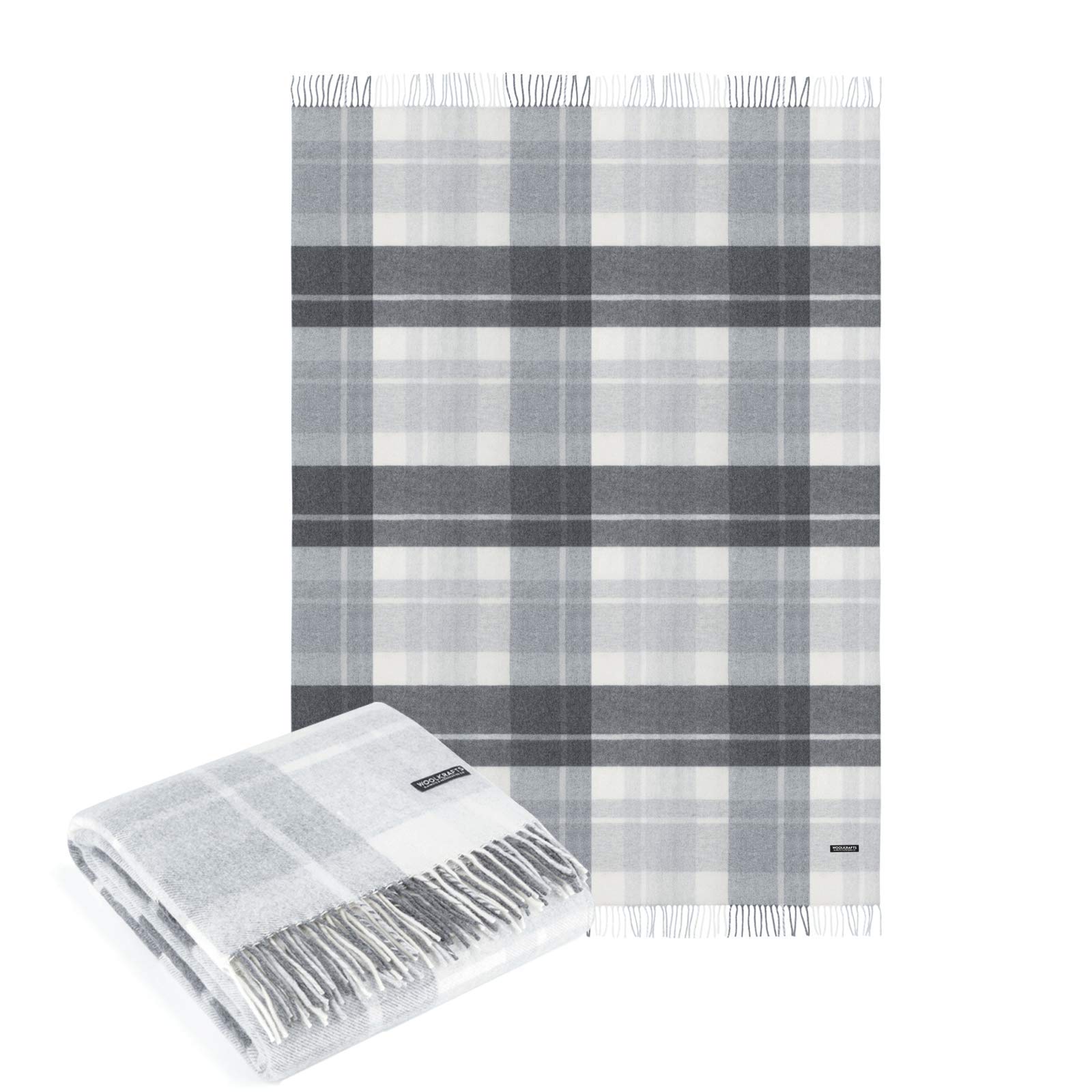 Cashmere Merino Wool Throw Blanket Plaid - Grey White 55" x 70" (Plaid Grey)