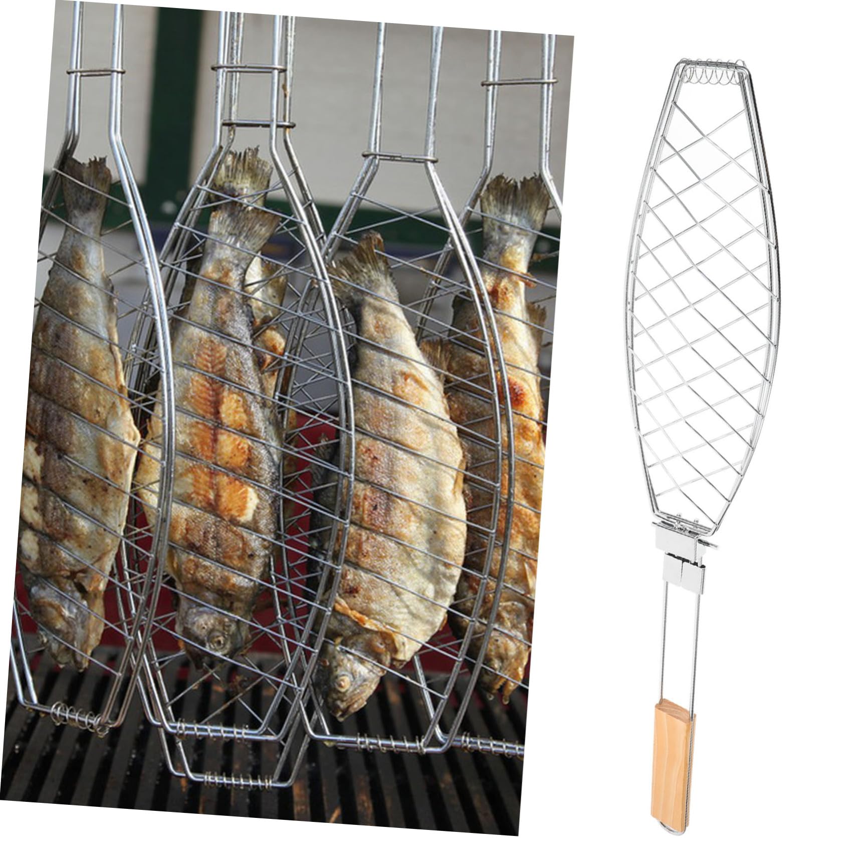 Cabilock 4 Piezas Clips de pescado a la parrilla Barbacoa portátil Utensilios de barbacoa picnic cesta de la parrilla estante de malla para asar carne de res Acero inoxidable Silver