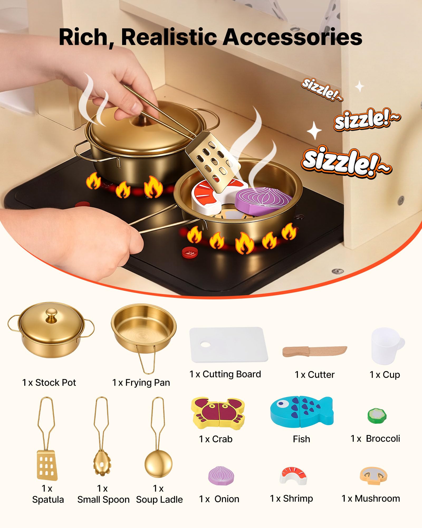 VEVOR Cocina de Juguete para Niños de 3 a 8 Años, Cocinita Infantil de Madera con Luces y Sonidos, Áreas Interactivas, Accesorios, Microondas, Máquina de Hielo, Juego de Cocina con Almacenamiento