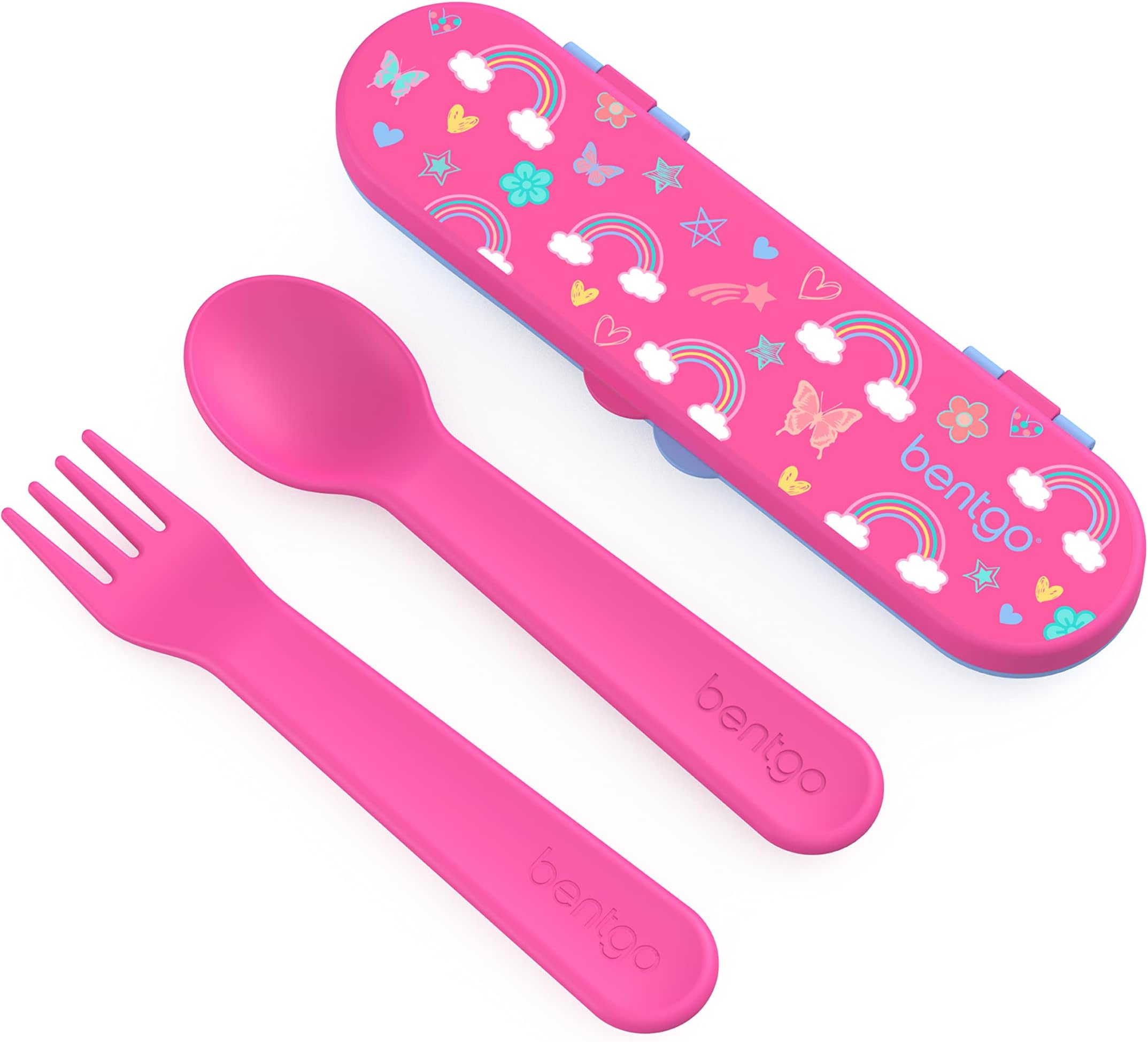 Bentgo® Kids Utensil Set - Reusable Plastic Fork, Spoon & Storage Case BPA-Free Materials, Easy-Grip Handles, Dishwasher Safe Ideal for School Lunch, Travel, Outdoors (Rainbows and Butterflies)