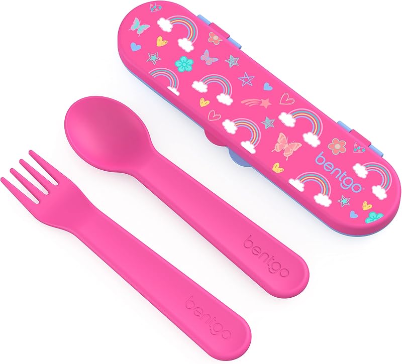 Bentgo Kids Plastic Utensil Set with Fork, Spoon, & Storage Case | Reusable, PFAS- & BPA-Free, Easy-Grip Handles, Lightweight, Dishwasher Safe, School, Travel & On-the-Go (Rainbows)