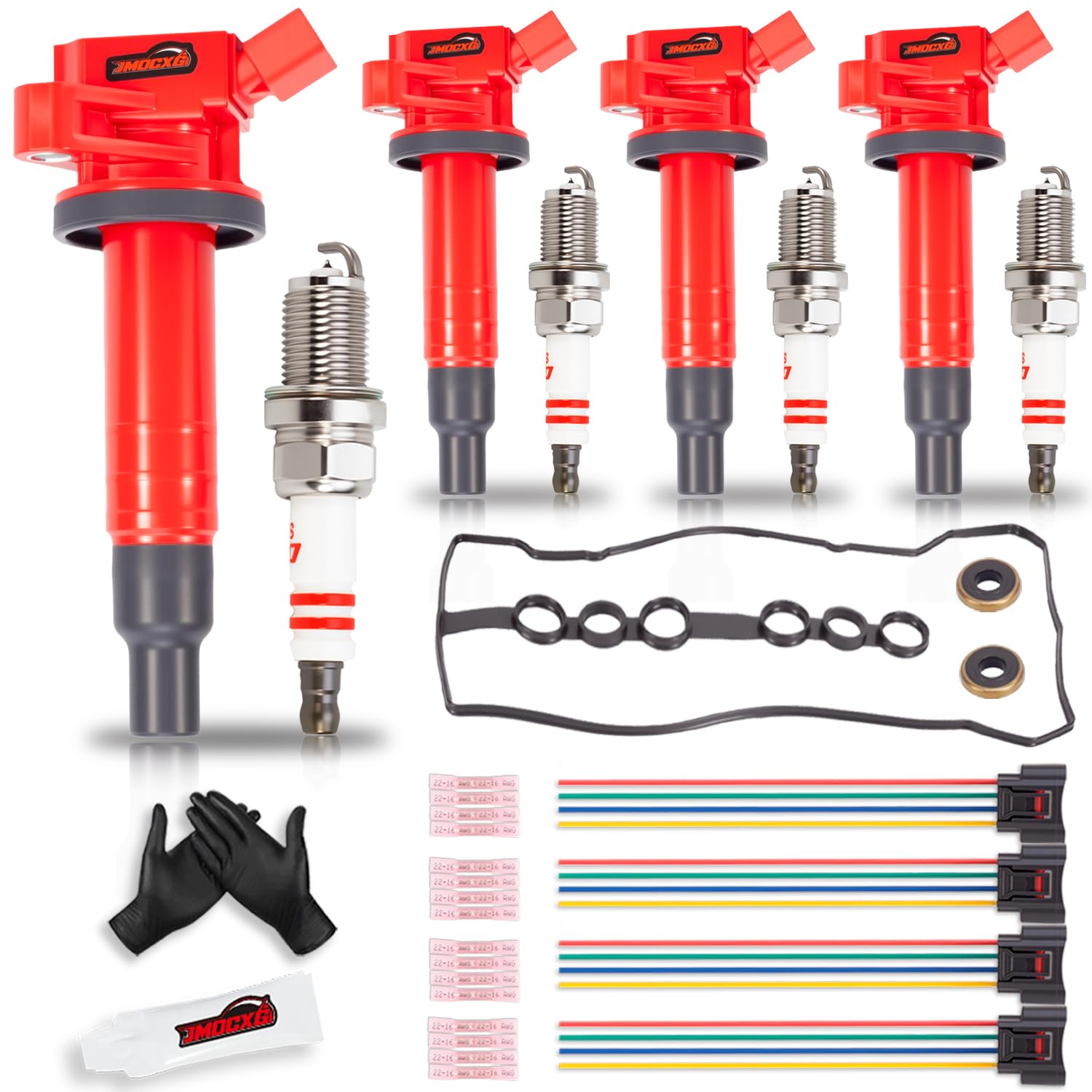 4x UF247 Ignition Coil Pack, Spark Plug, Connector, Valve Cover Gasket Set