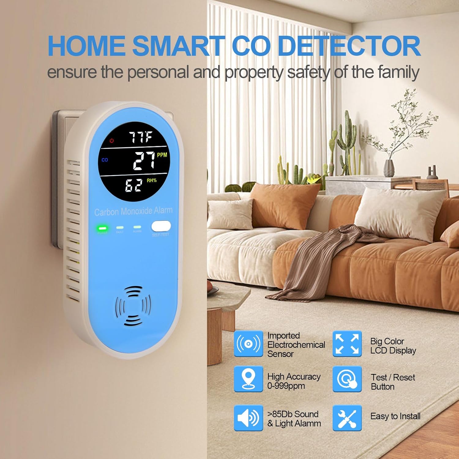 Plug-in Carbon Monoxide Detector with Real-Time CO Display & Temperature/Humidity Monitor, Plug-in CO Alarm for Home, RV, Apartment, Indoor Air Safety 2-Pack