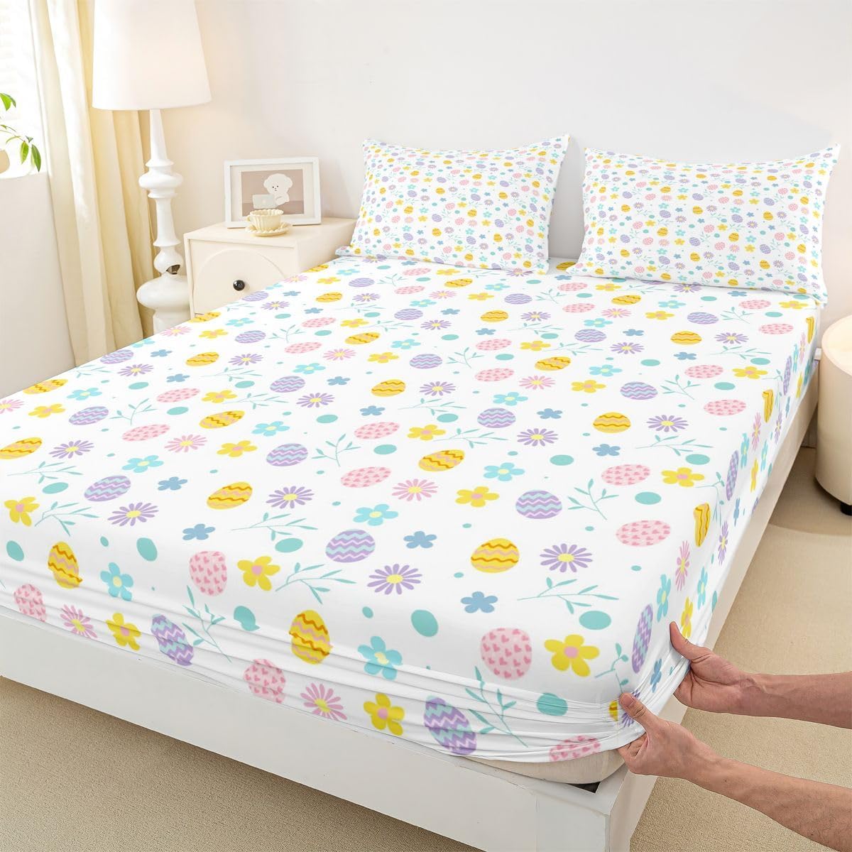 jejeloiu Easter Eggs Sheet Set King Size Kids Floral Flower Sheets with Deep Pocket Fitted Sheet for Boys Girls Teens Happy Easter Bed Sheets Set Geometric Bedding Set Room Decor