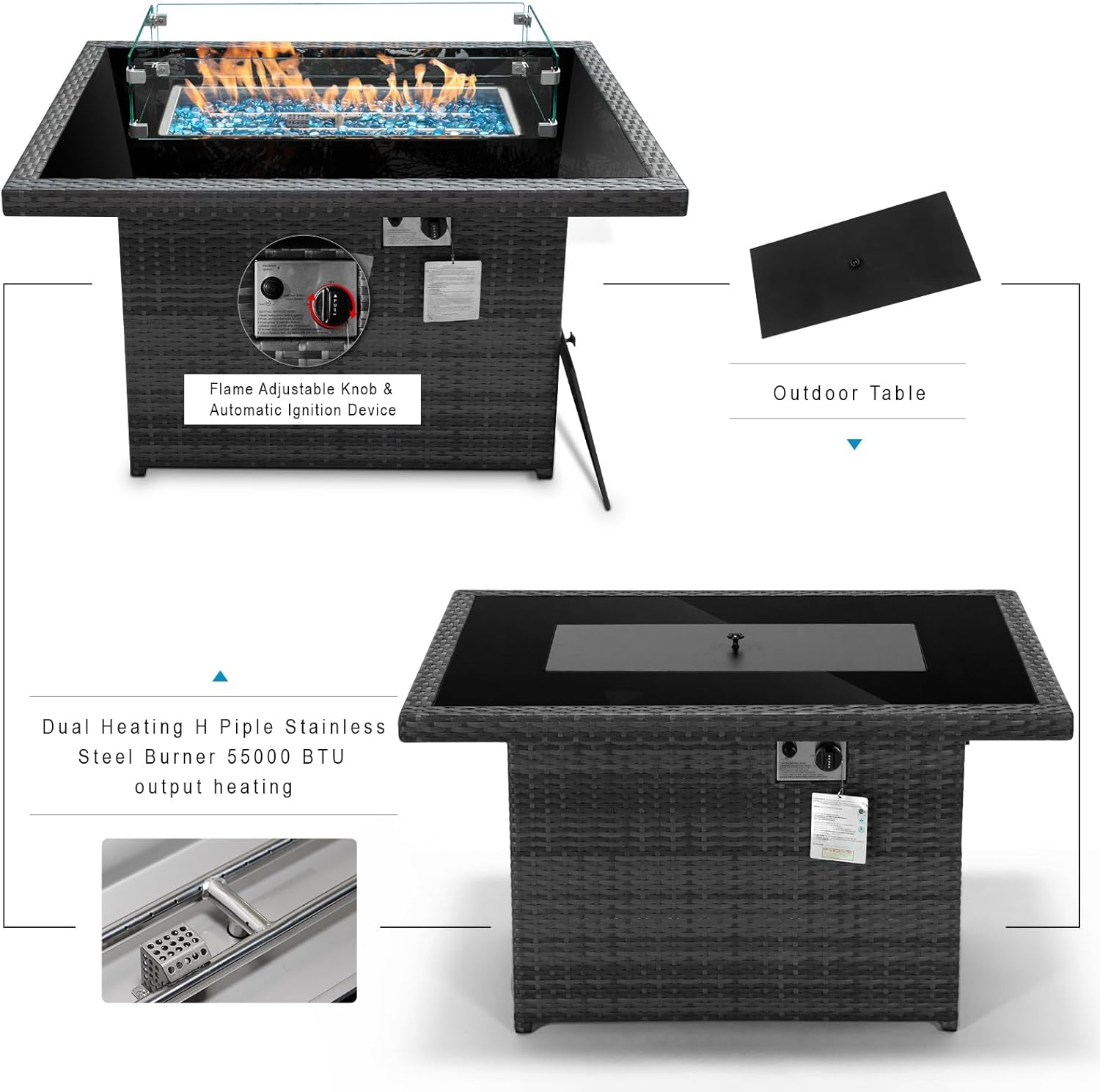 BULEXYARD PE Wicker 43" Patio Outdoor Propane Fire Pit Table with Waterproof Cover 55,000 BTU Auto-Ignition Gas Fire Pit Table with 8mm Tempered Glass Table Top and Glass Stone (Grey)