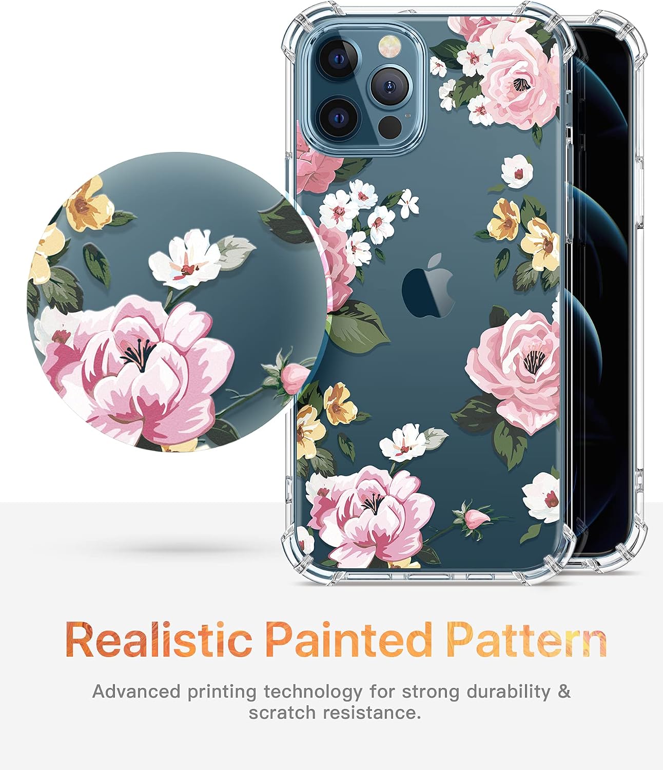 GVIEWIN Designed for iPhone 12 Pro Max Case 6.7 Inch 2020, Clear Floral Women Thin Soft TPU Shockproof Protective Cover Flowers Design Case with Lanyard (Oleander/Pink)