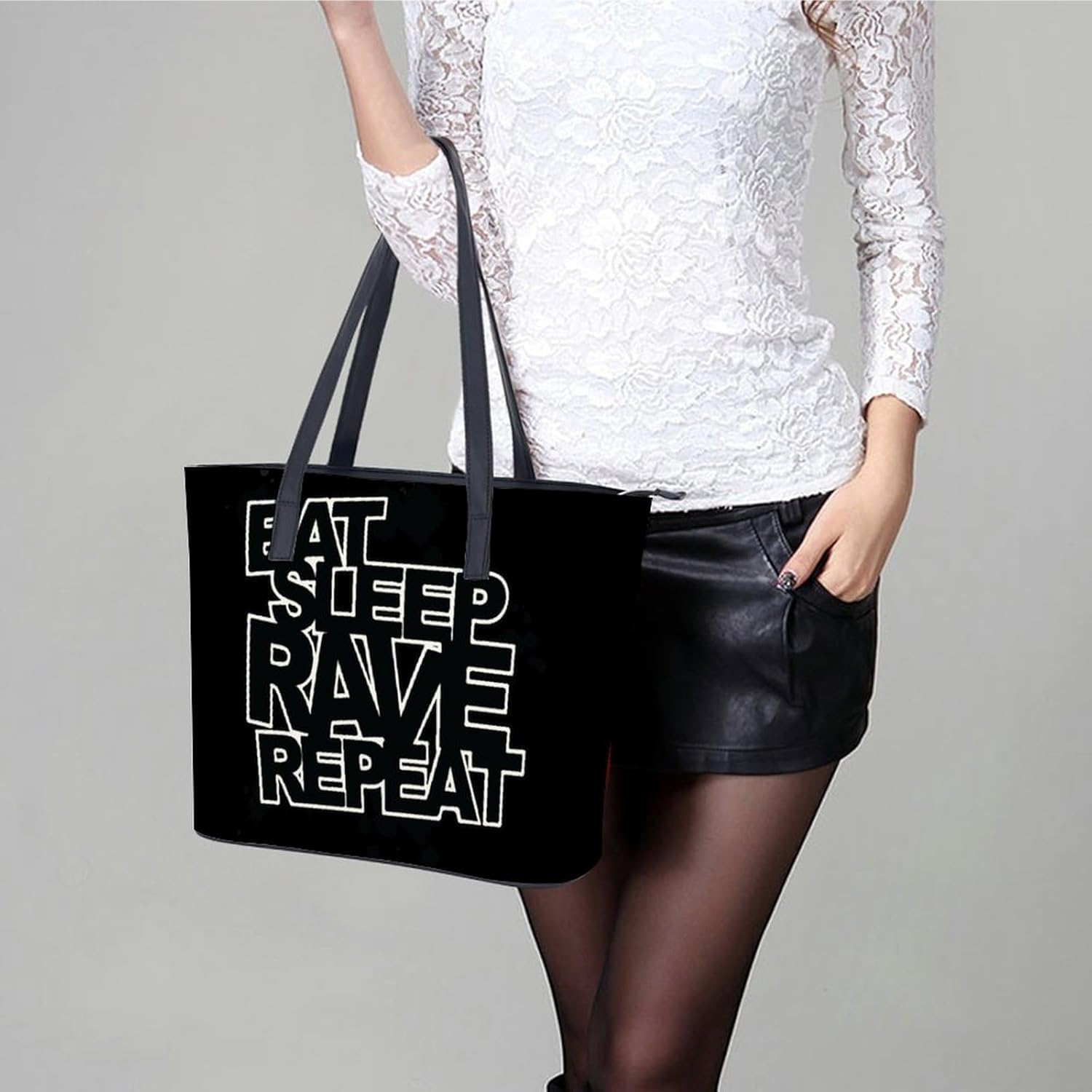 Eat Sleep Rave Repeat Women's Tote Leather Handbag Shoulder Bag Purse for Shopping Travel
