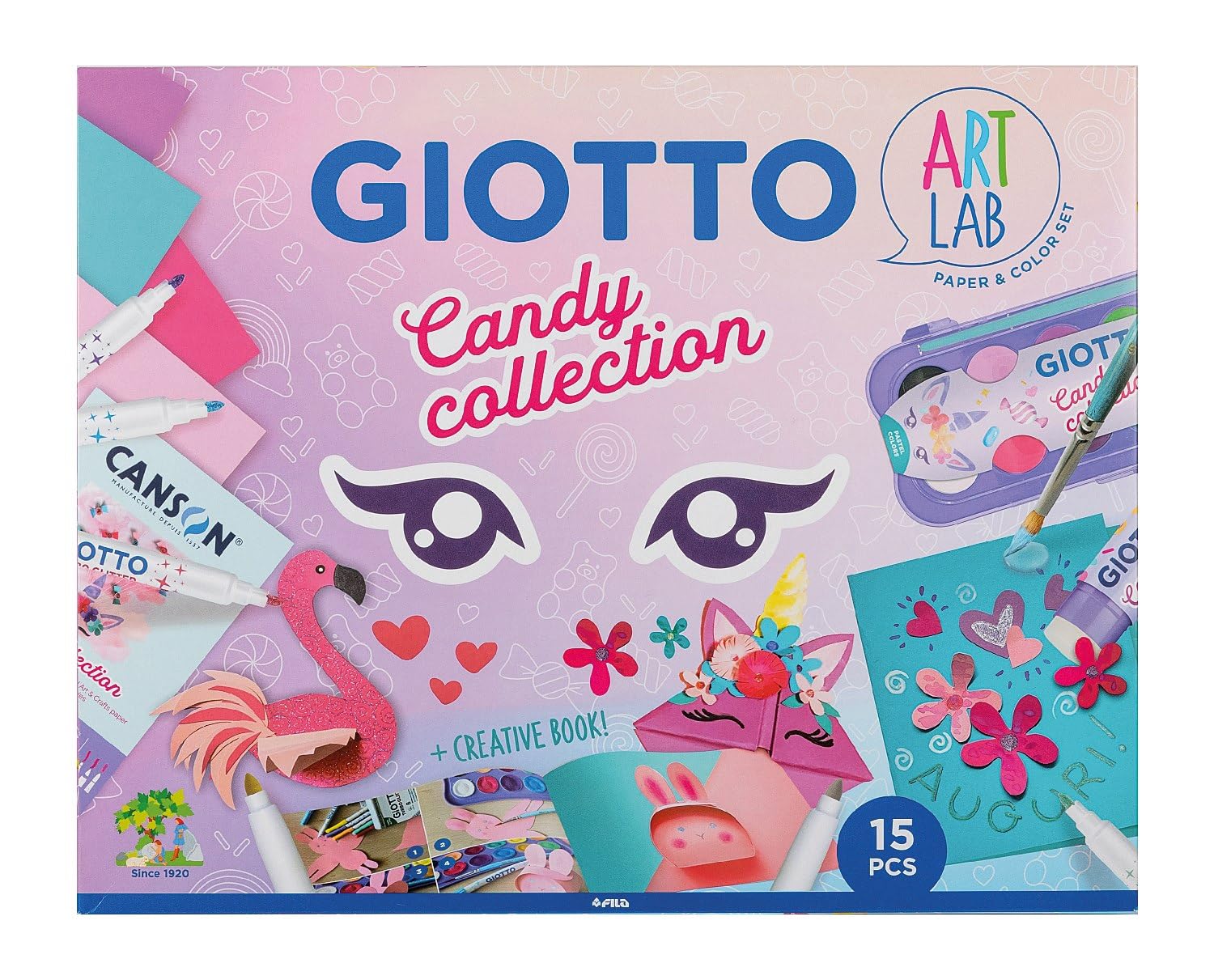 GIOTTO Art Lab, Set Creativo Candy Collection con Papel, Rotuladores Giotto, Acuarelas, pegamento y accesorios, 15 piezas Giotto Patplume Colores